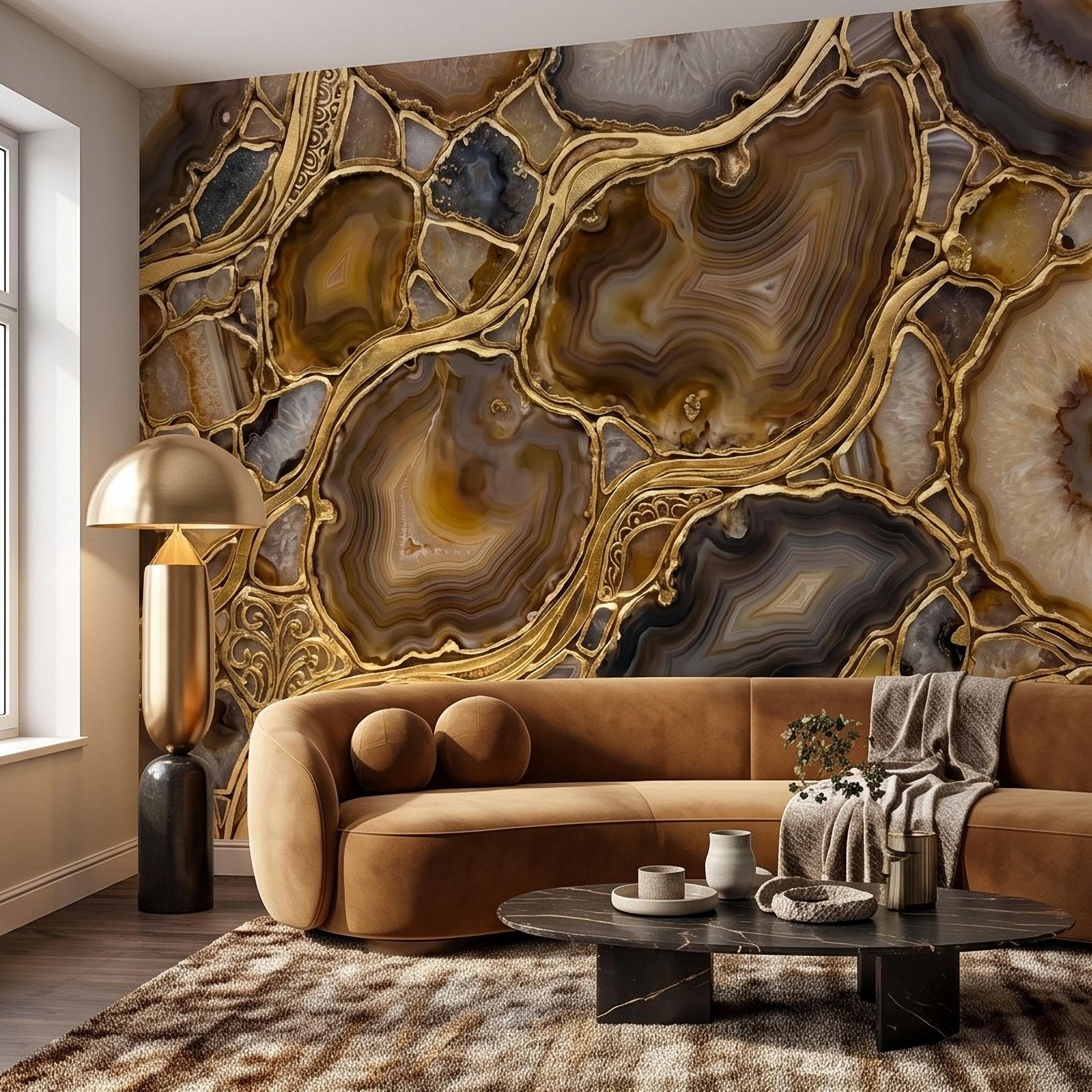 Agate Geode Peel and Stick Wall Mural, Natural Stone Slice Mosaic, Decorative Gold Veining Crystalline Mineral Wallpaper