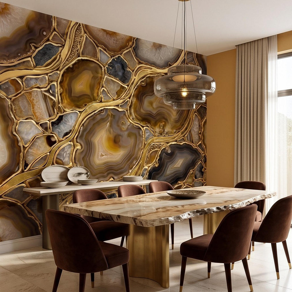 Agate Geode Peel and Stick Wall Mural, Natural Stone Slice Mosaic, Decorative Gold Veining Crystalline Mineral Wallpaper