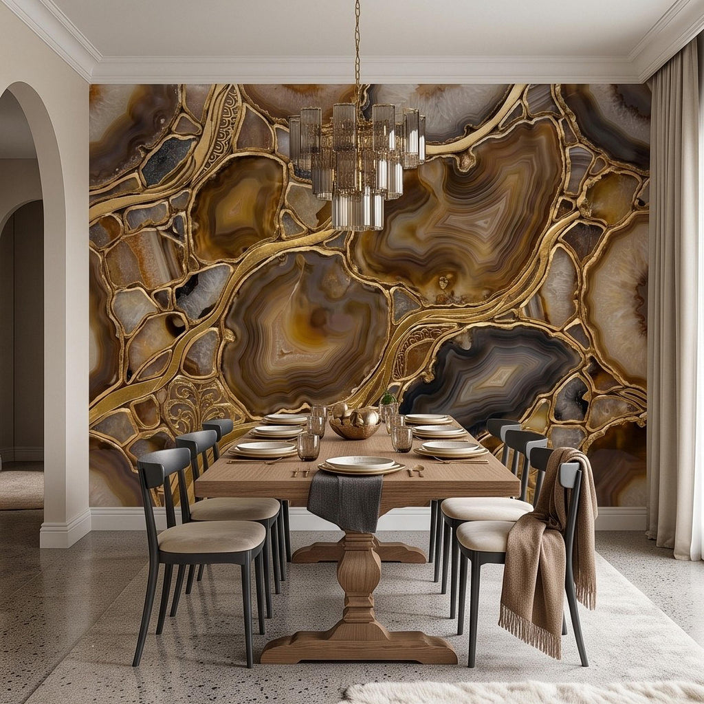 Agate Geode Peel and Stick Wall Mural, Natural Stone Slice Mosaic, Decorative Gold Veining Crystalline Mineral Wallpaper