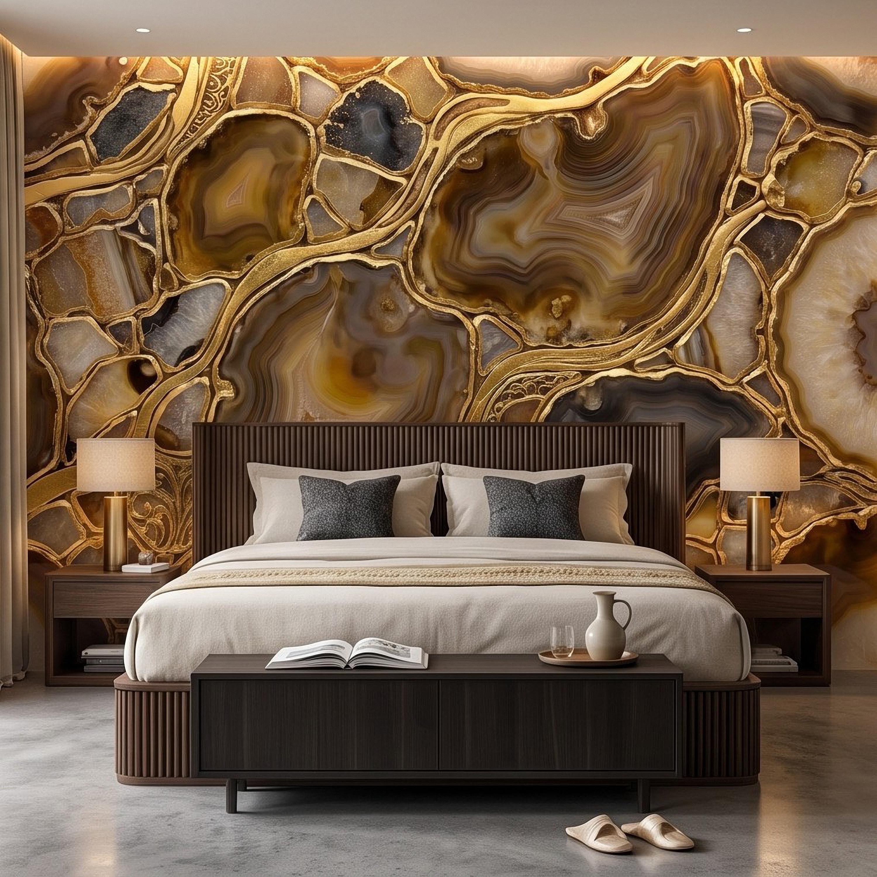 Agate Geode Peel and Stick Wall Mural, Natural Stone Slice Mosaic, Decorative Gold Veining Crystalline Mineral Wallpaper