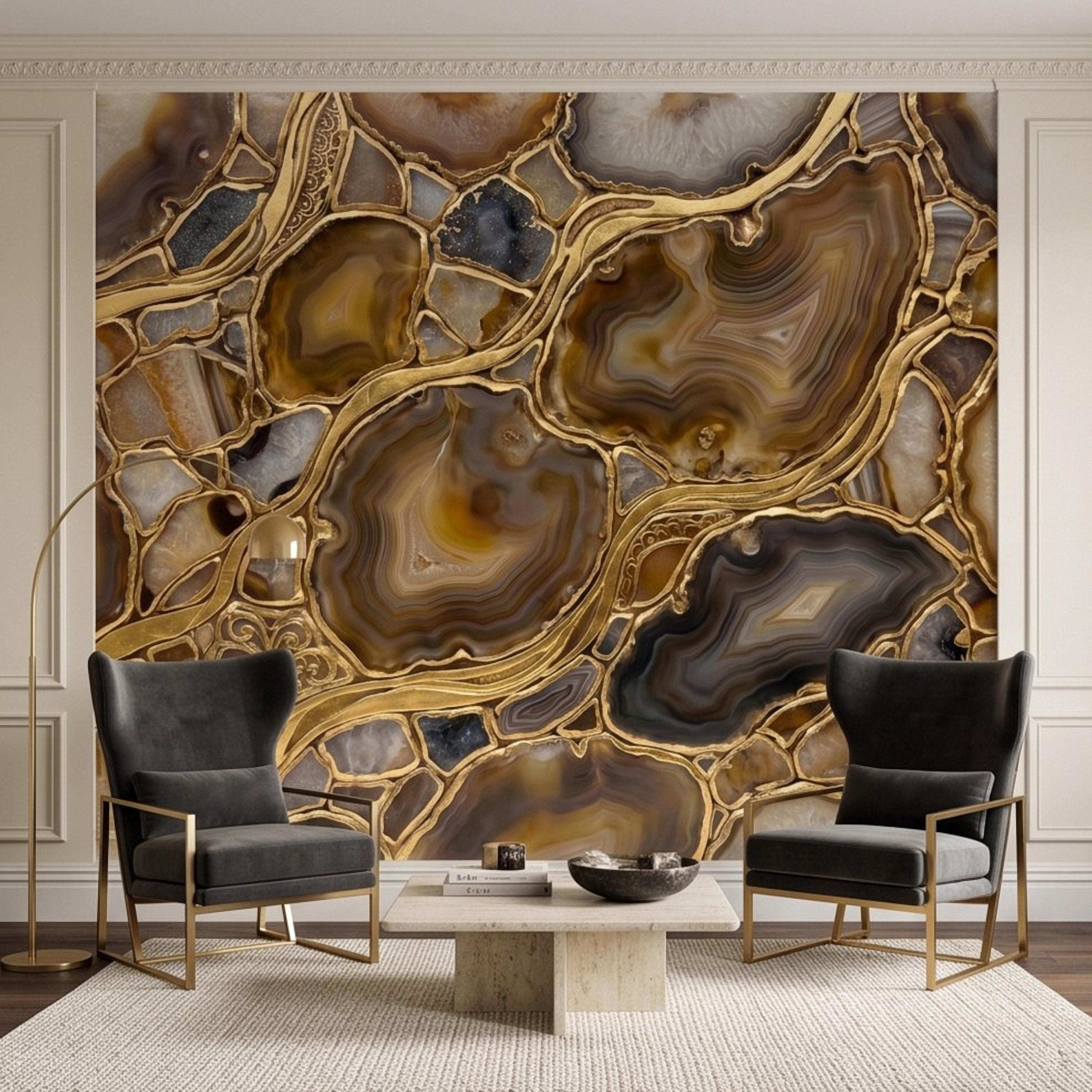 Agate Geode Peel and Stick Wall Mural, Natural Stone Slice Mosaic, Decorative Gold Veining Crystalline Mineral Wallpaper