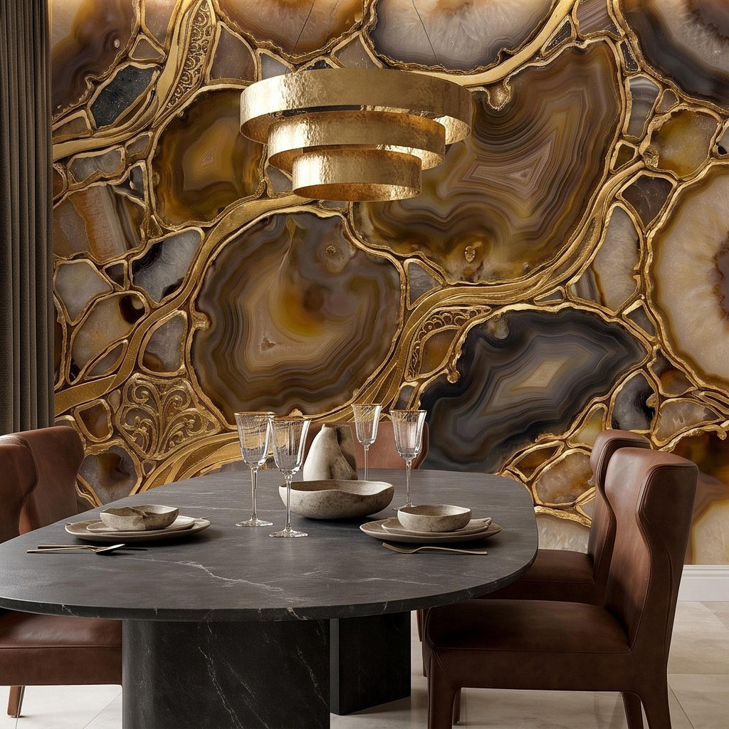 Agate Geode Peel and Stick Wall Mural, Natural Stone Slice Mosaic, Decorative Gold Veining Crystalline Mineral Wallpaper