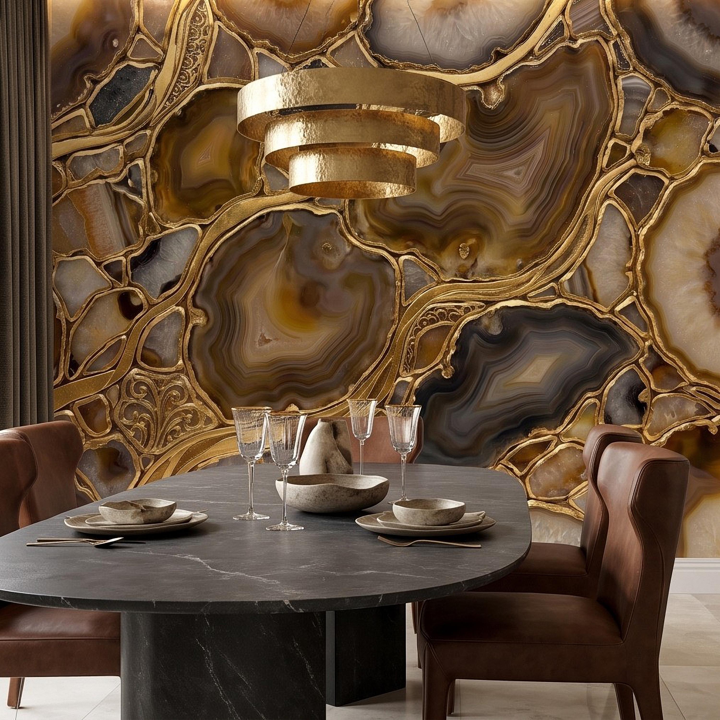 Agate Geode Peel and Stick Wall Mural, Natural Stone Slice Mosaic, Decorative Gold Veining Crystalline Mineral Wallpaper