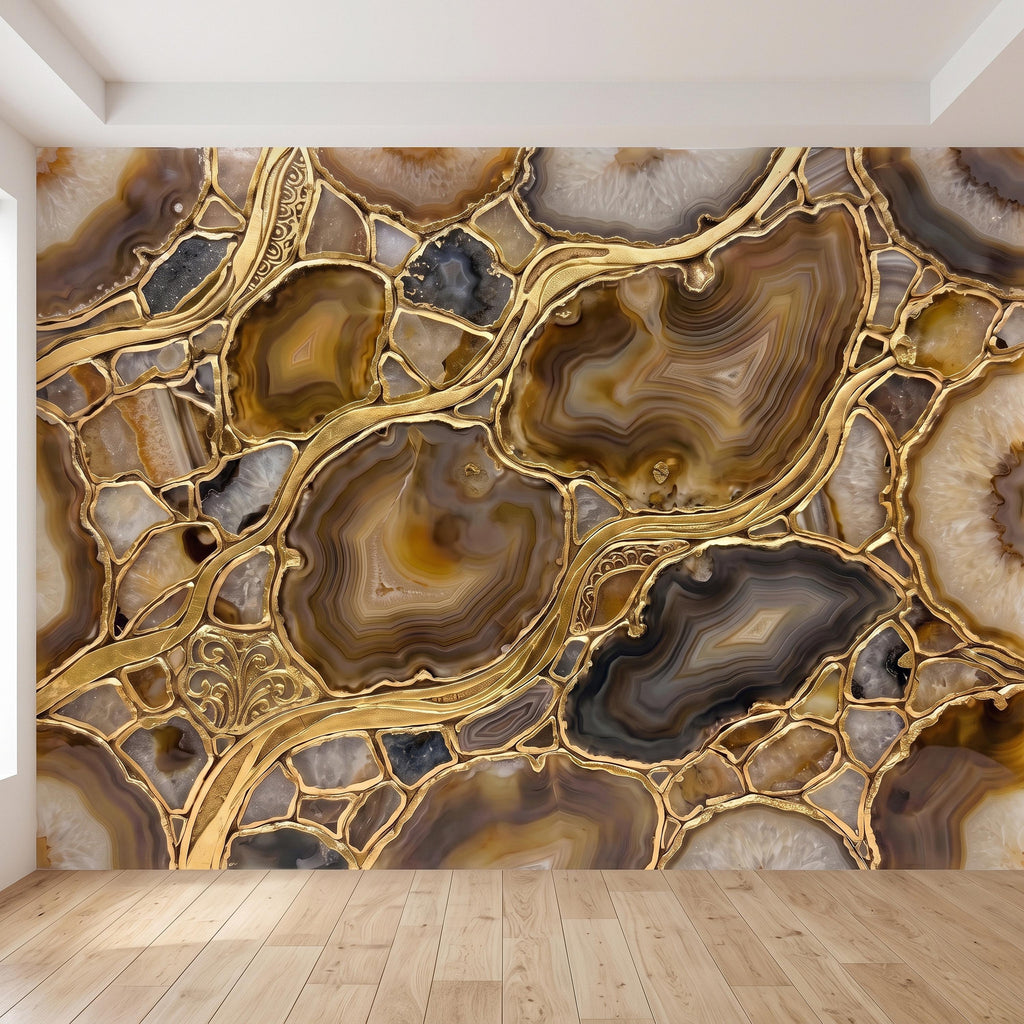 Agate Geode Peel and Stick Wall Mural, Natural Stone Slice Mosaic, Decorative Gold Veining Crystalline Mineral Wallpaper