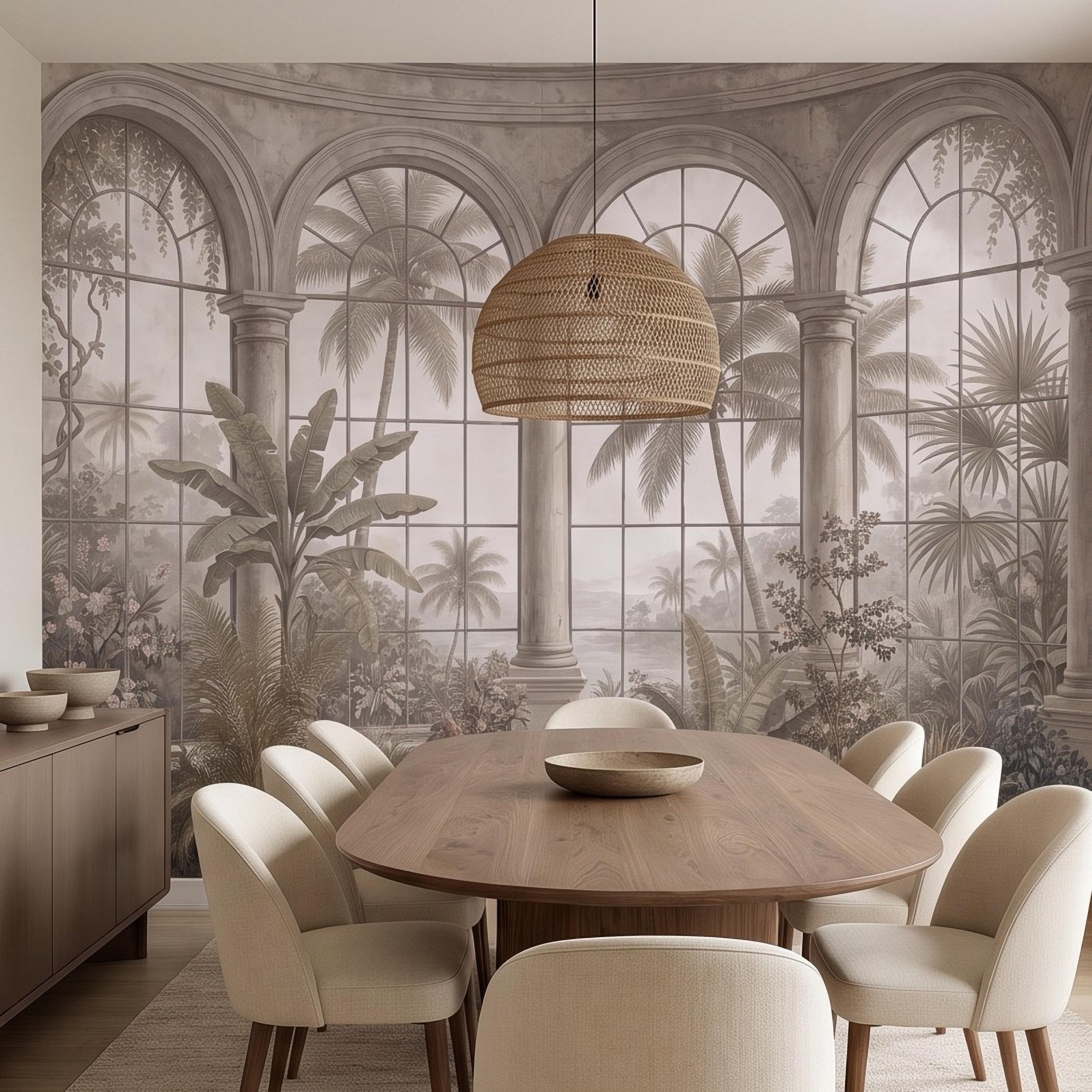Tropical Conservatory Window Peel and Stick Wall Mural, Grand Arched Glasshouse Vintage Palm Garden View Architectural Wallpaper