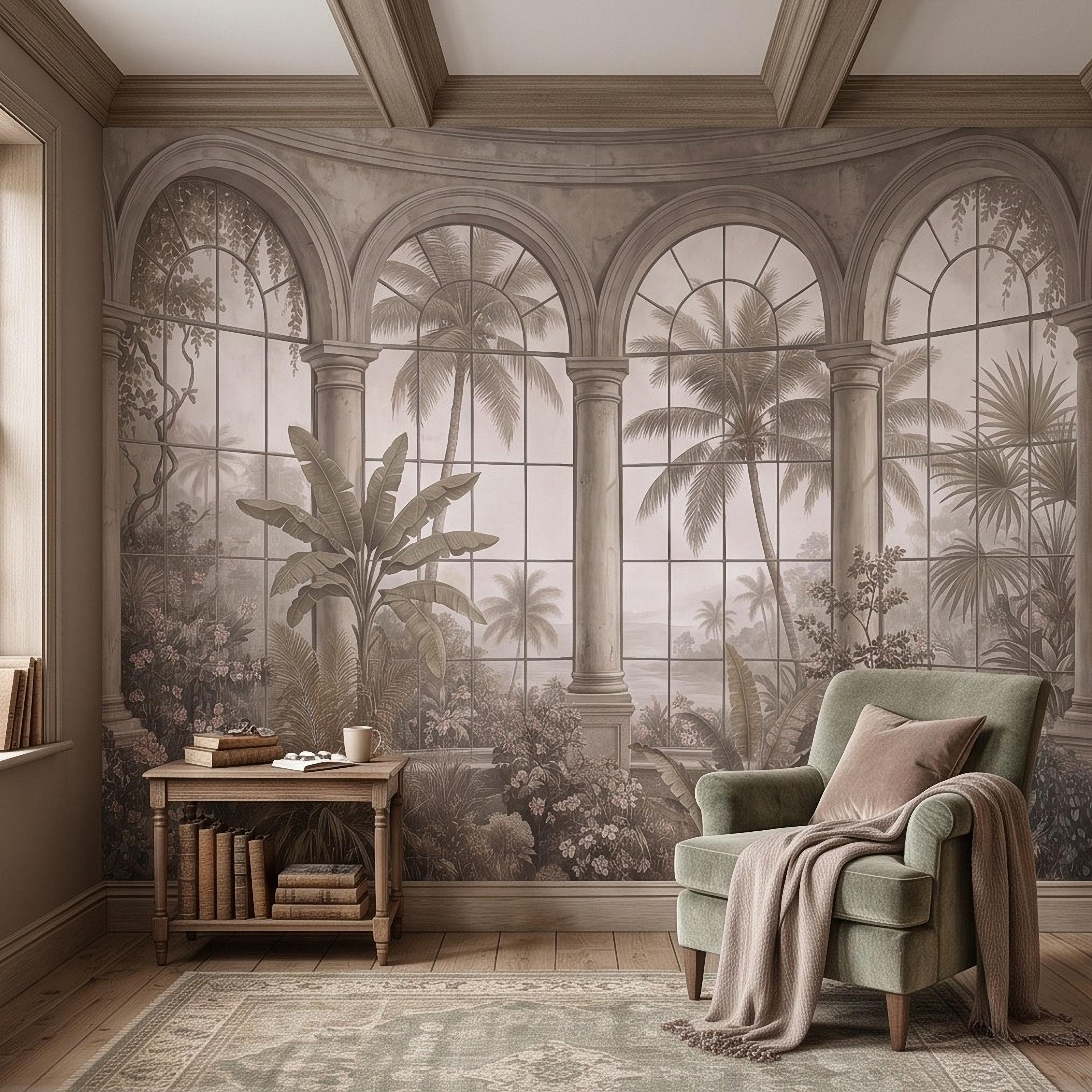 Tropical Conservatory Window Peel and Stick Wall Mural, Grand Arched Glasshouse Vintage Palm Garden View Architectural Wallpaper