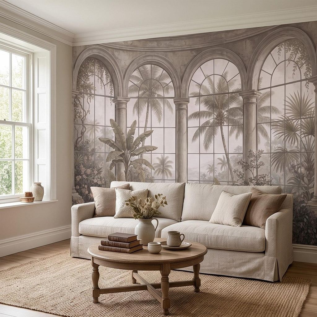 Tropical Conservatory Window Peel and Stick Wall Mural, Grand Arched Glasshouse Vintage Palm Garden View Architectural Wallpaper