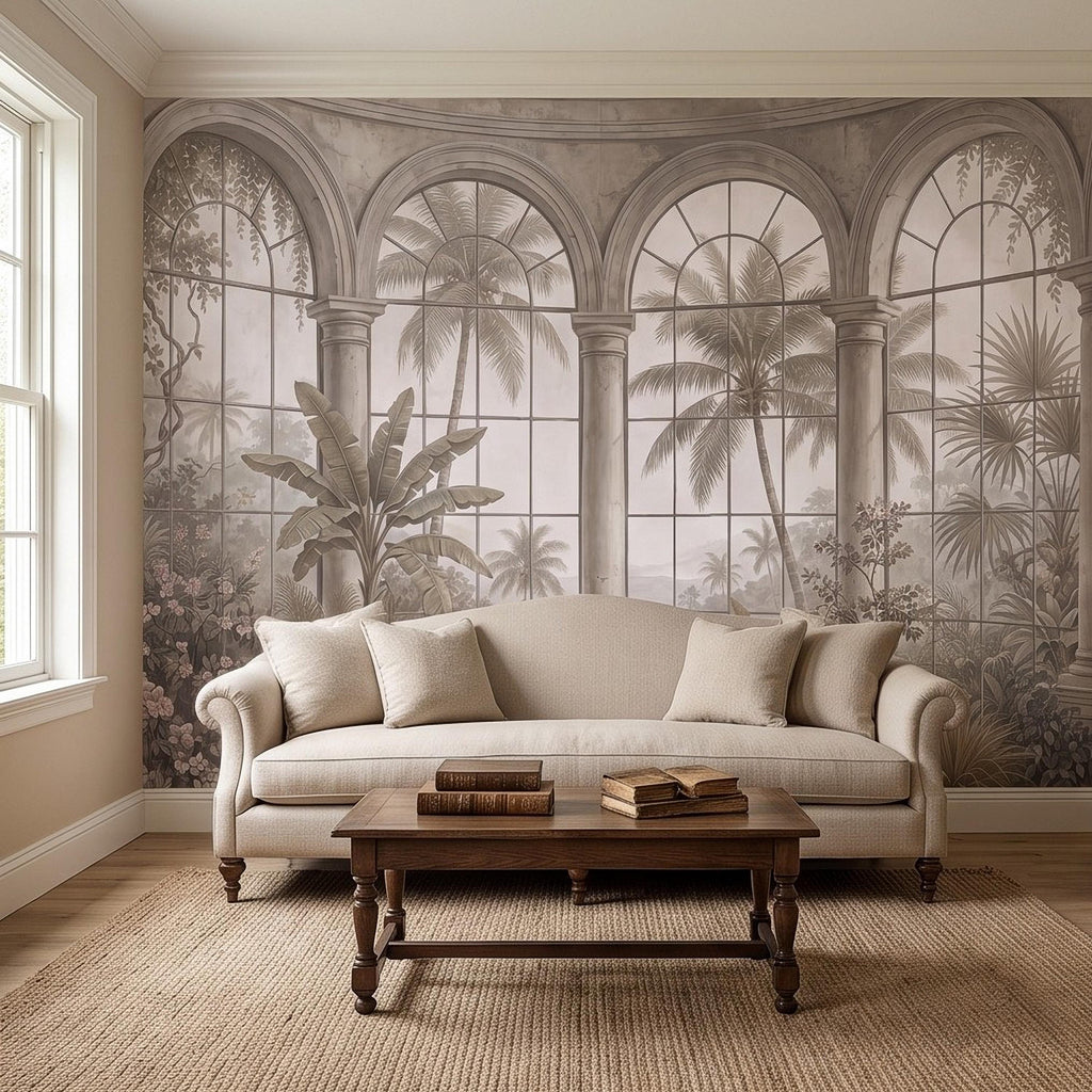 Tropical Conservatory Window Peel and Stick Wall Mural, Grand Arched Glasshouse Vintage Palm Garden View Architectural Wallpaper
