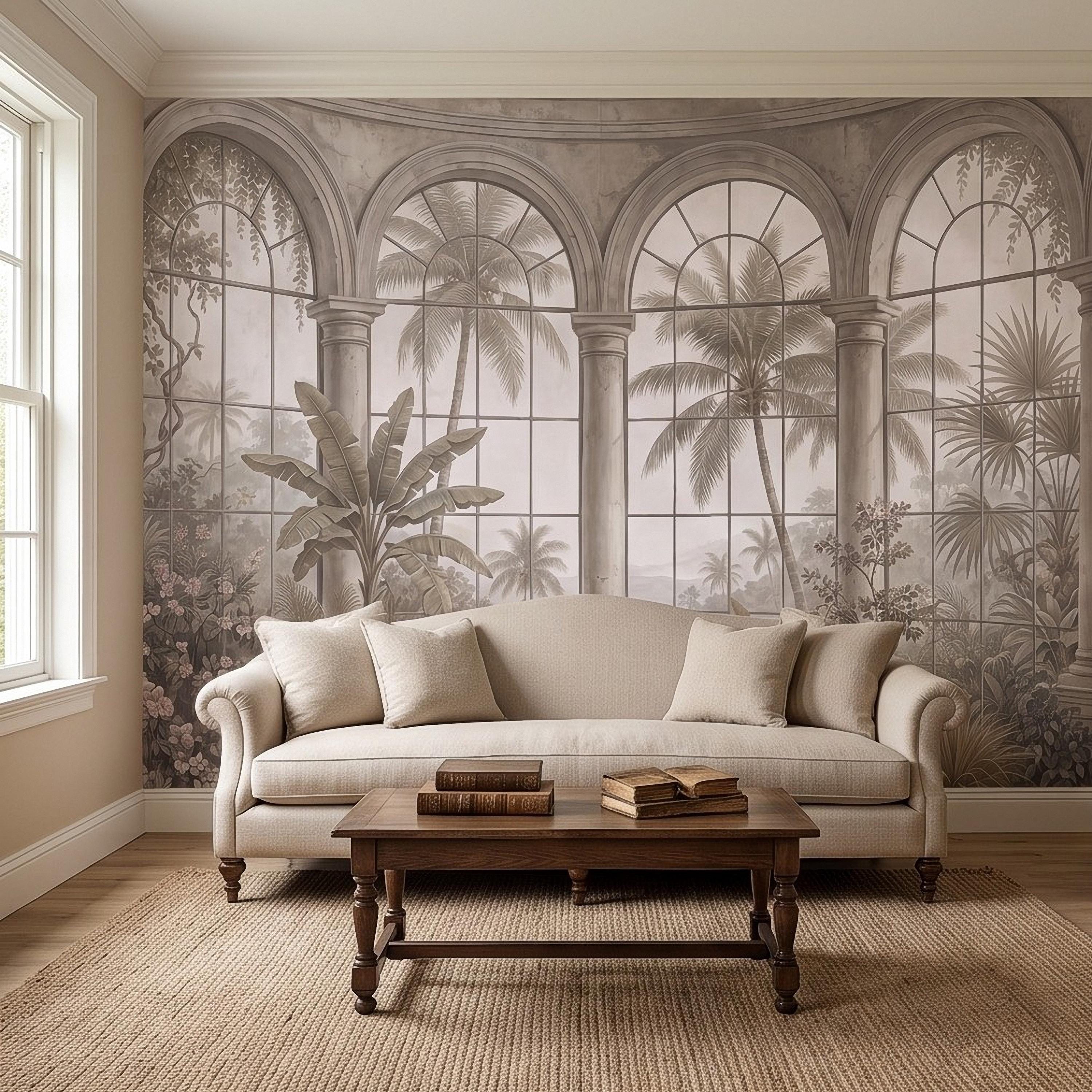 Tropical Conservatory Window Peel and Stick Wall Mural, Grand Arched Glasshouse Vintage Palm Garden View Architectural Wallpaper