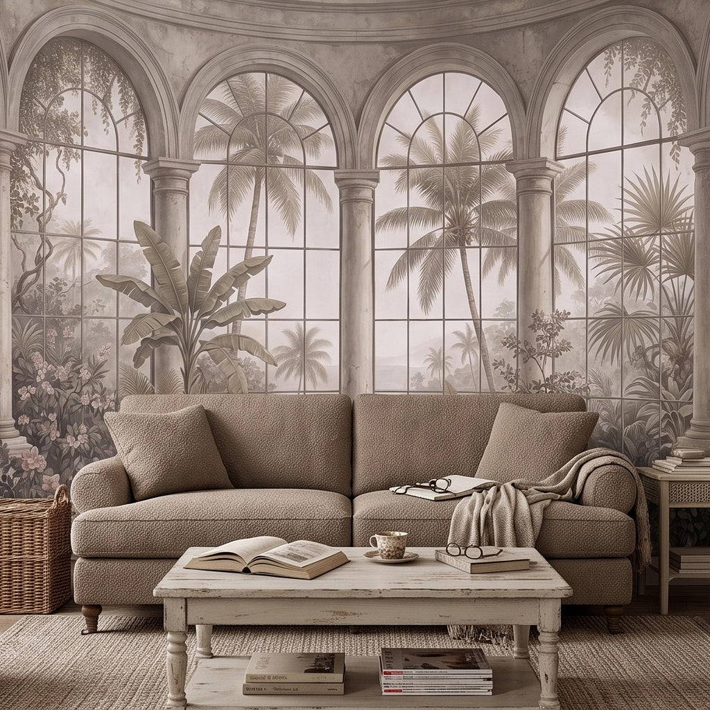 Tropical Conservatory Window Peel and Stick Wall Mural, Grand Arched Glasshouse Vintage Palm Garden View Architectural Wallpaper