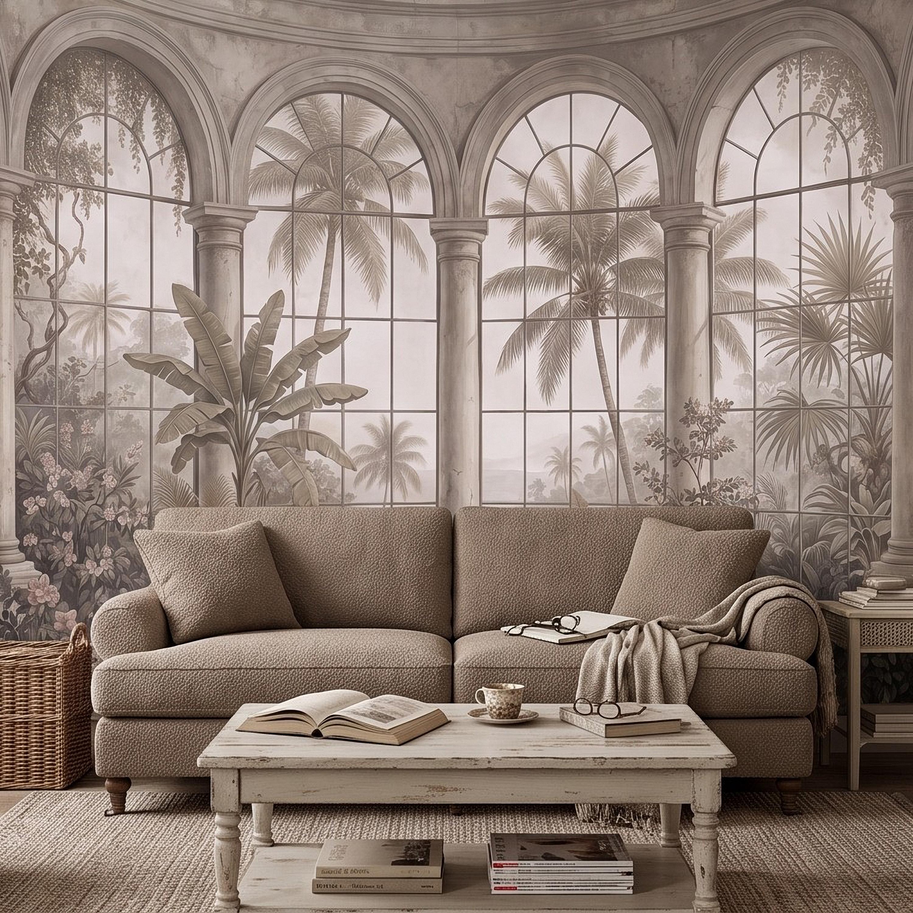 Tropical Conservatory Window Peel and Stick Wall Mural, Grand Arched Glasshouse Vintage Palm Garden View Architectural Wallpaper