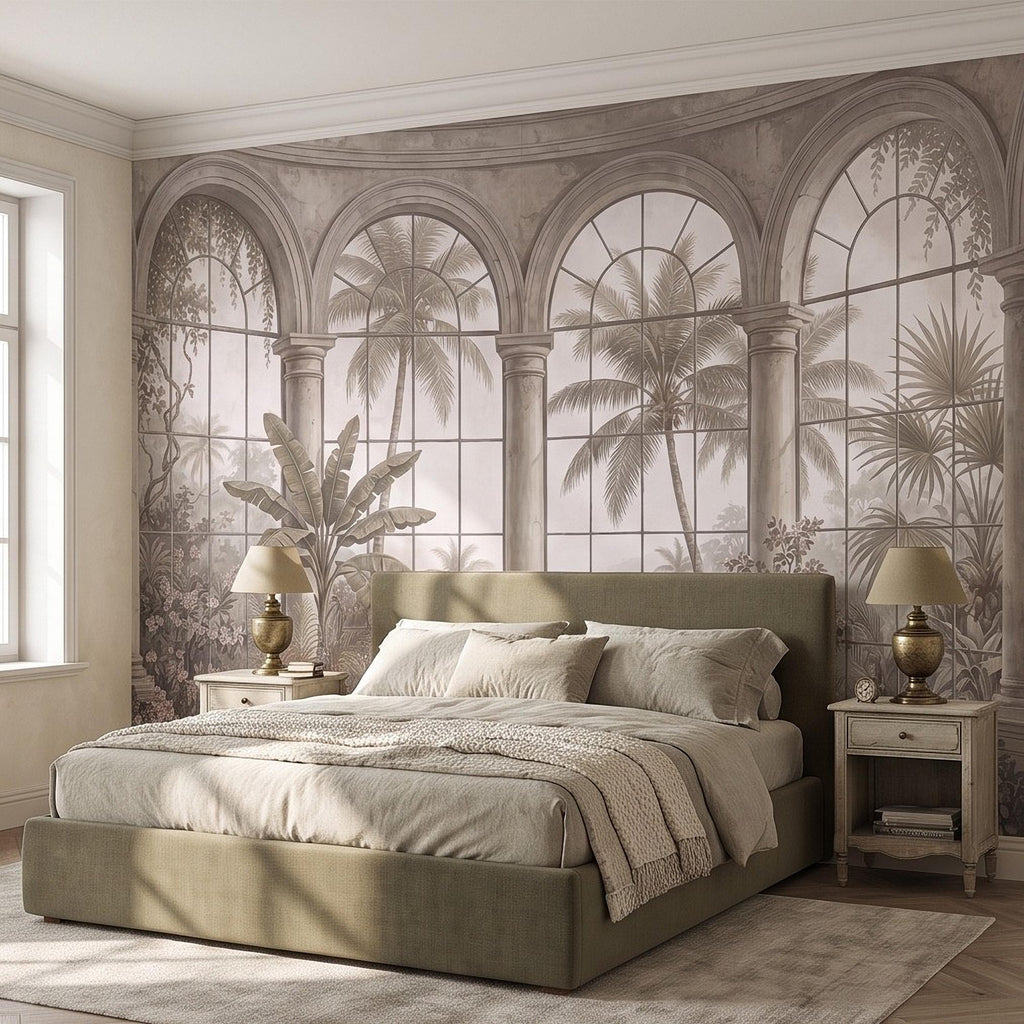 Tropical Conservatory Window Peel and Stick Wall Mural, Grand Arched Glasshouse Vintage Palm Garden View Architectural Wallpaper