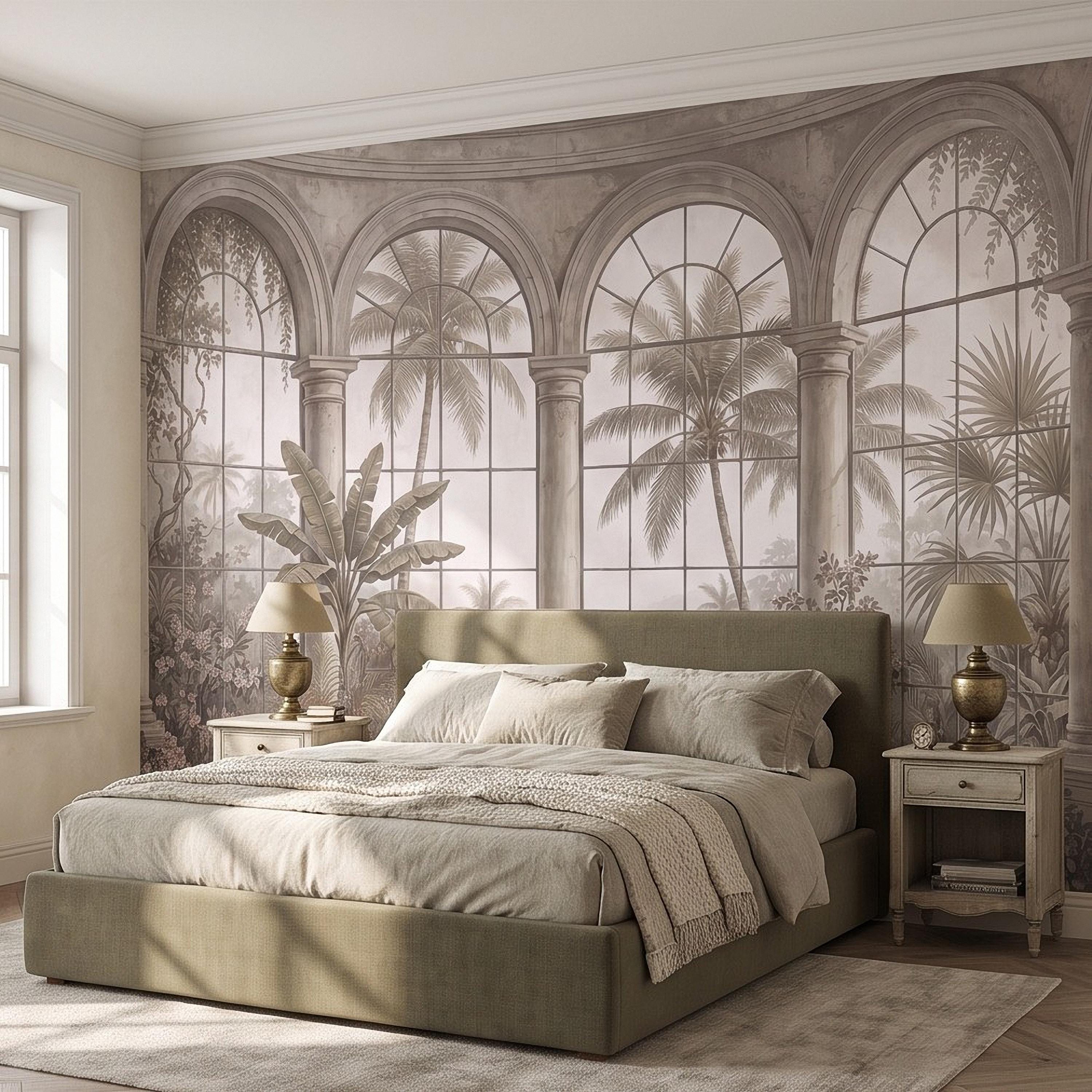 Tropical Conservatory Window Peel and Stick Wall Mural, Grand Arched Glasshouse Vintage Palm Garden View Architectural Wallpaper