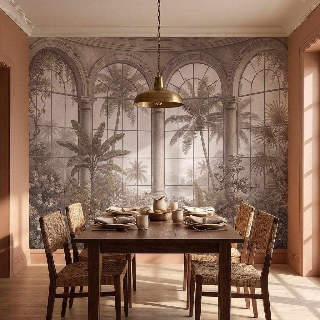 Tropical Conservatory Window Peel and Stick Wall Mural, Grand Arched Glasshouse Vintage Palm Garden View Architectural Wallpaper