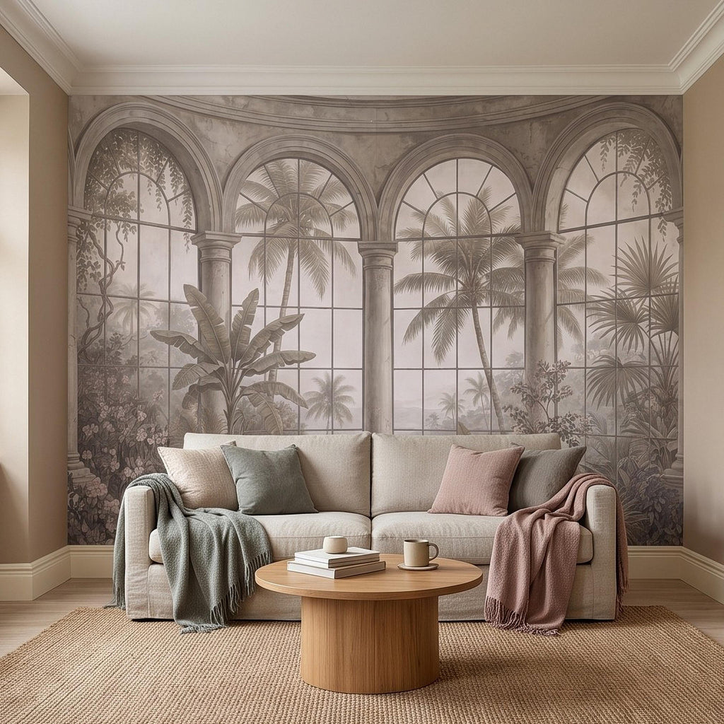 Tropical Conservatory Window Peel and Stick Wall Mural, Grand Arched Glasshouse Vintage Palm Garden View Architectural Wallpaper