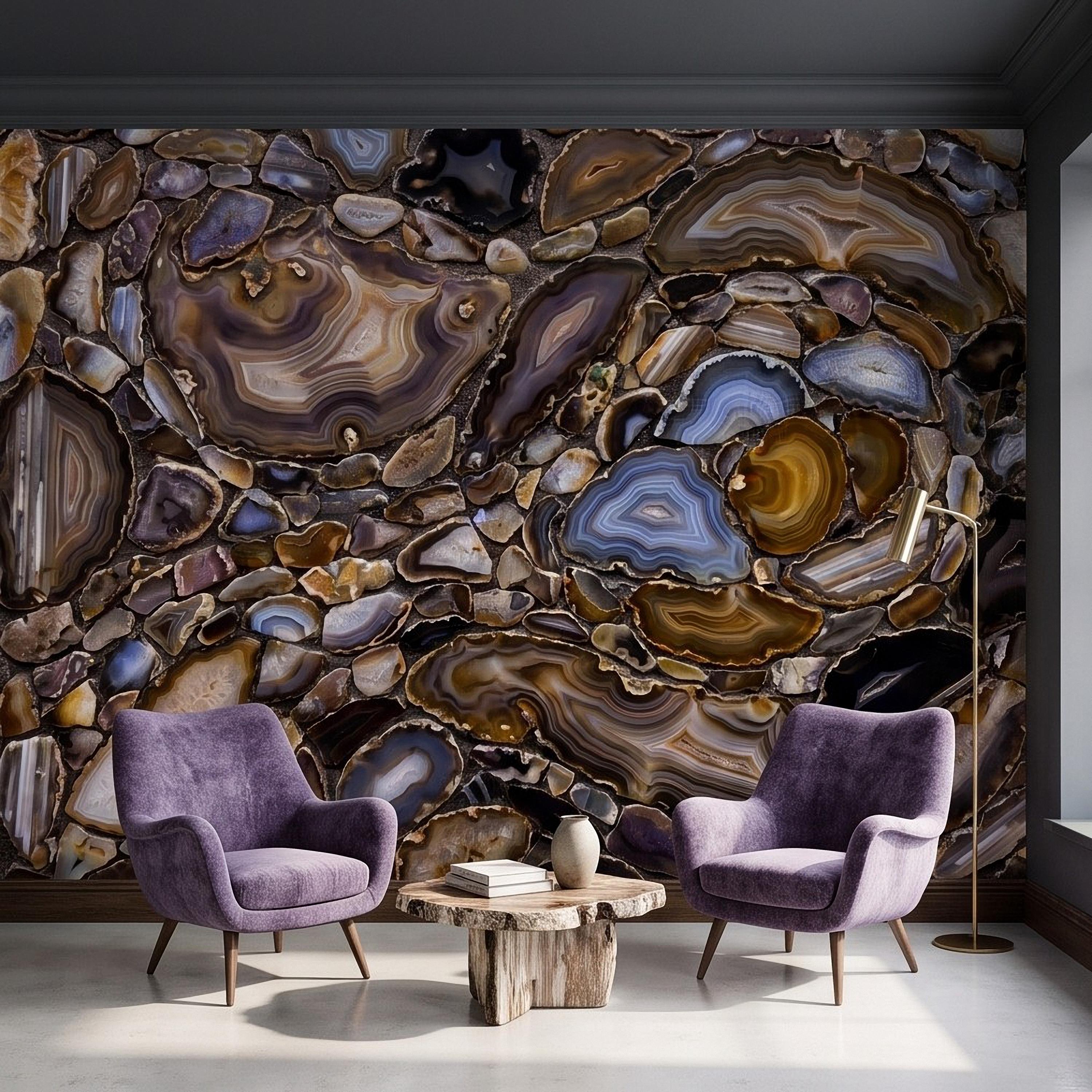 Agate Stone Peel and Stick Wall Mural, Natural Gemstone Slice Texture Luxury Crystal Geode Brown Blue Mineral Surface Wallpaper