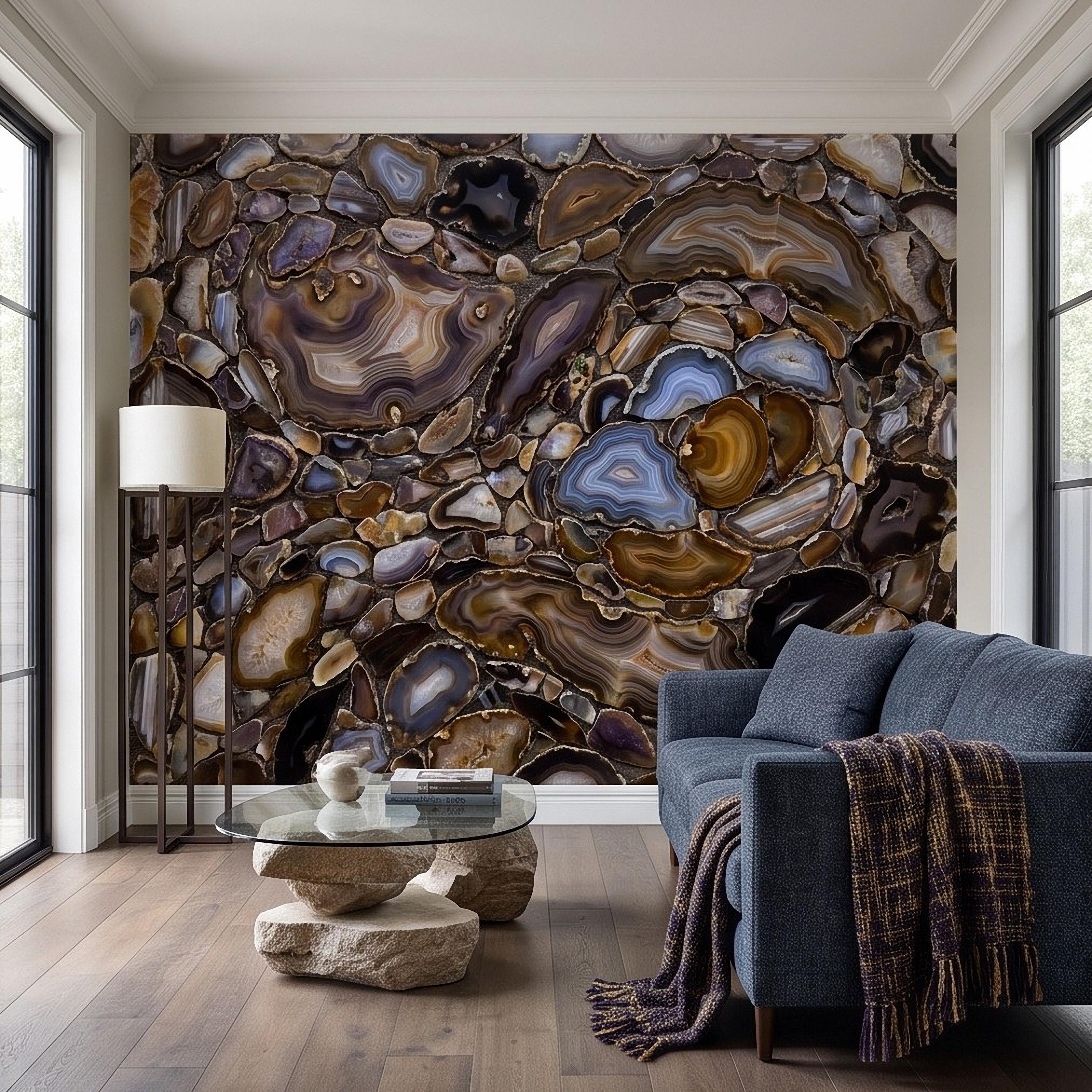 Agate Stone Peel and Stick Wall Mural, Natural Gemstone Slice Texture Luxury Crystal Geode Brown Blue Mineral Surface Wallpaper