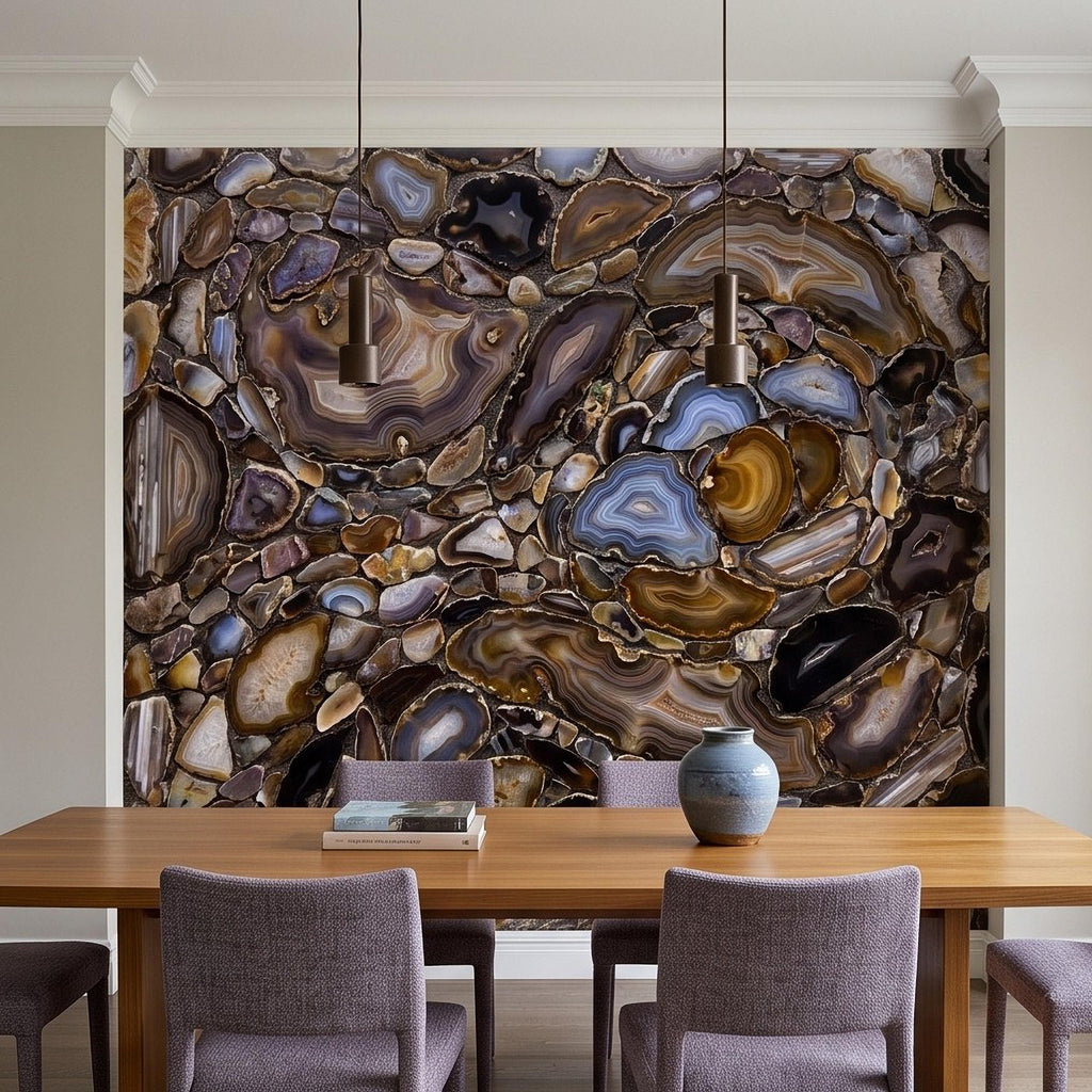 Agate Stone Peel and Stick Wall Mural, Natural Gemstone Slice Texture Luxury Crystal Geode Brown Blue Mineral Surface Wallpaper