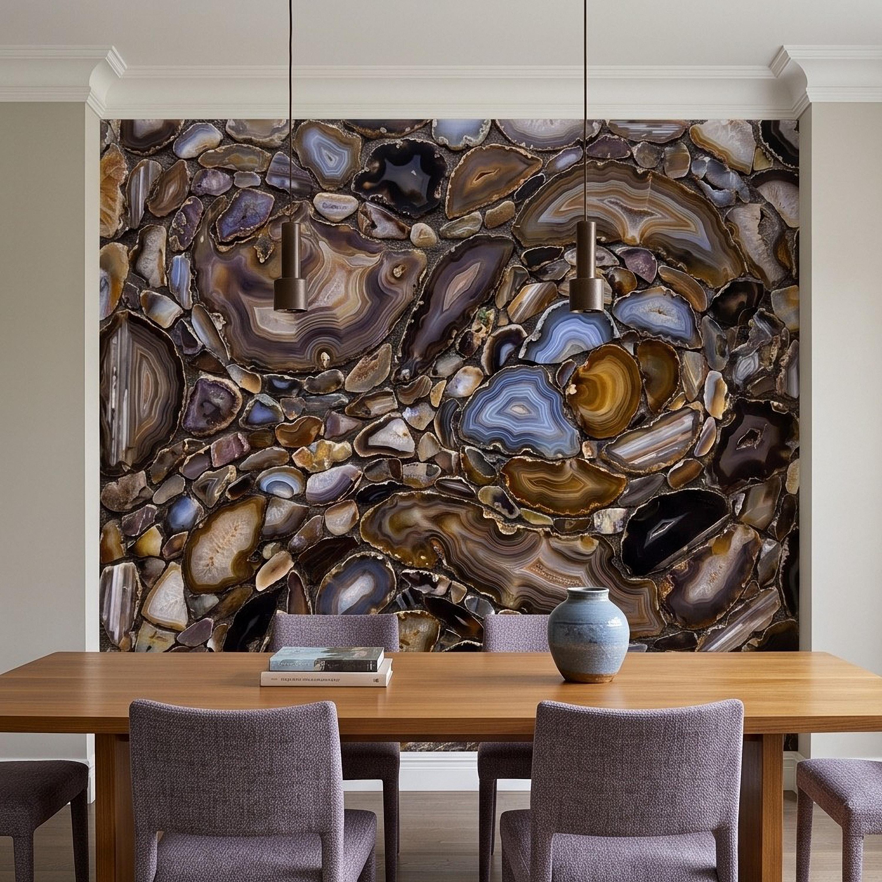 Agate Stone Peel and Stick Wall Mural, Natural Gemstone Slice Texture Luxury Crystal Geode Brown Blue Mineral Surface Wallpaper