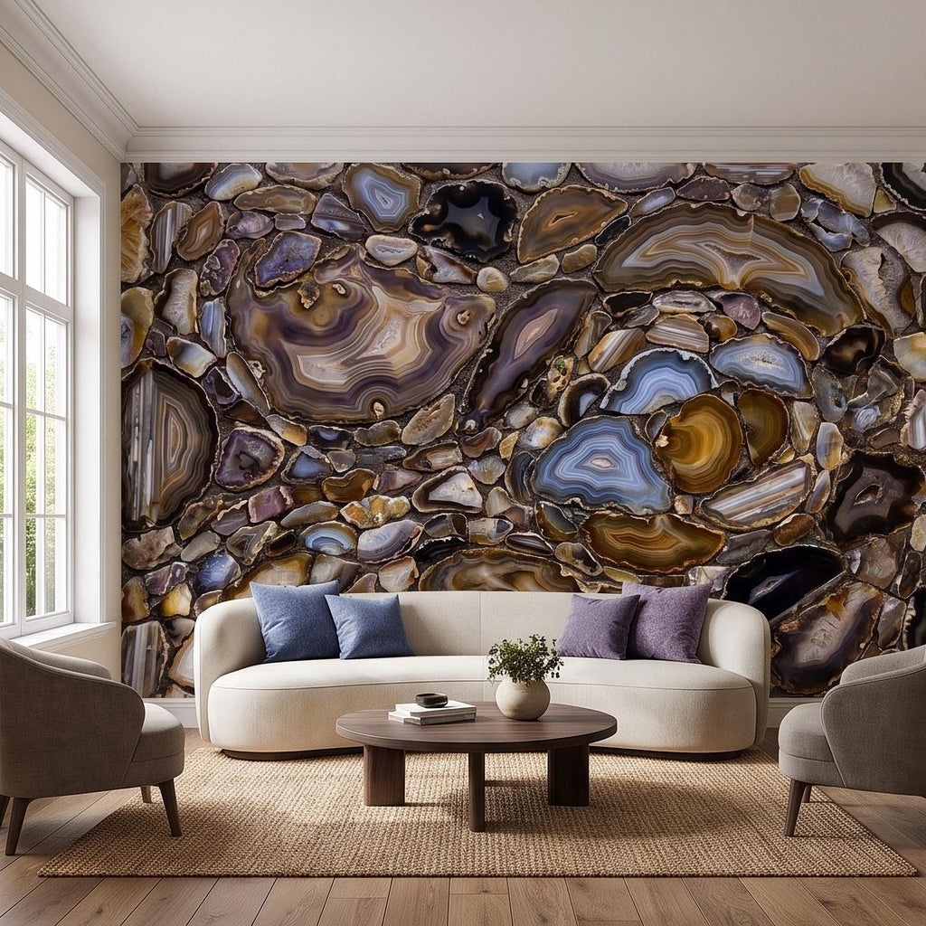 Agate Stone Peel and Stick Wall Mural, Natural Gemstone Slice Texture Luxury Crystal Geode Brown Blue Mineral Surface Wallpaper
