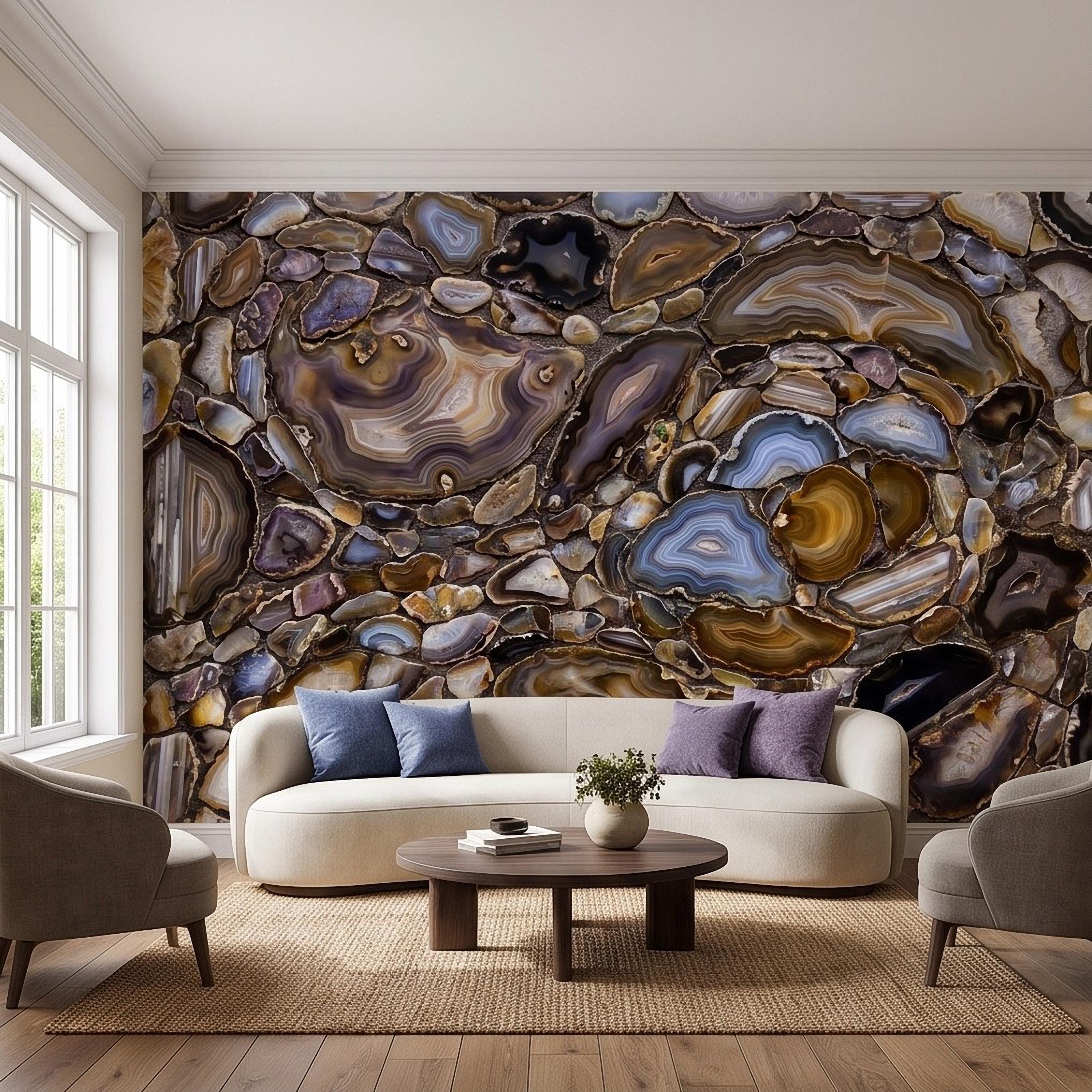Agate Stone Peel and Stick Wall Mural, Natural Gemstone Slice Texture Luxury Crystal Geode Brown Blue Mineral Surface Wallpaper