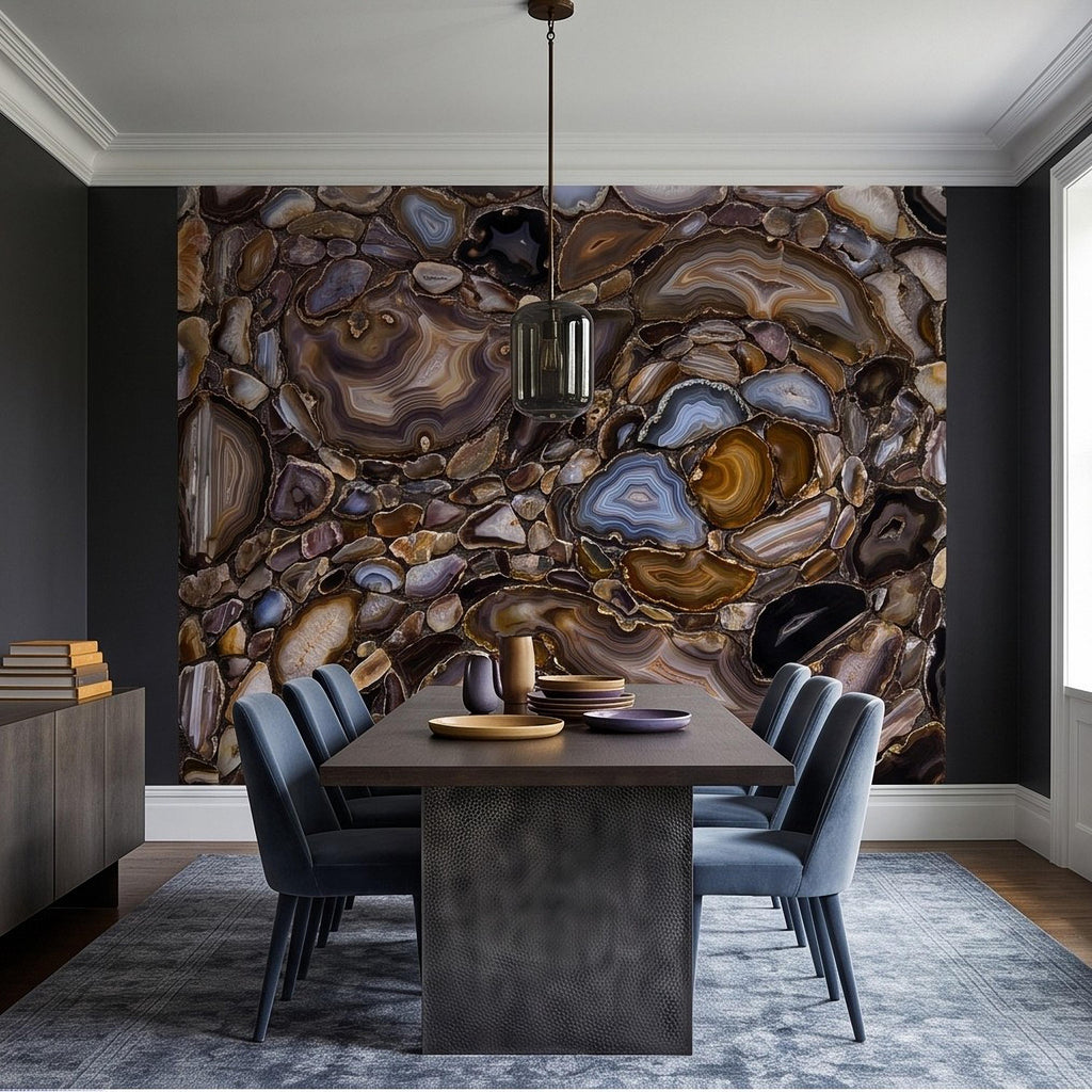 Agate Stone Peel and Stick Wall Mural, Natural Gemstone Slice Texture Luxury Crystal Geode Brown Blue Mineral Surface Wallpaper