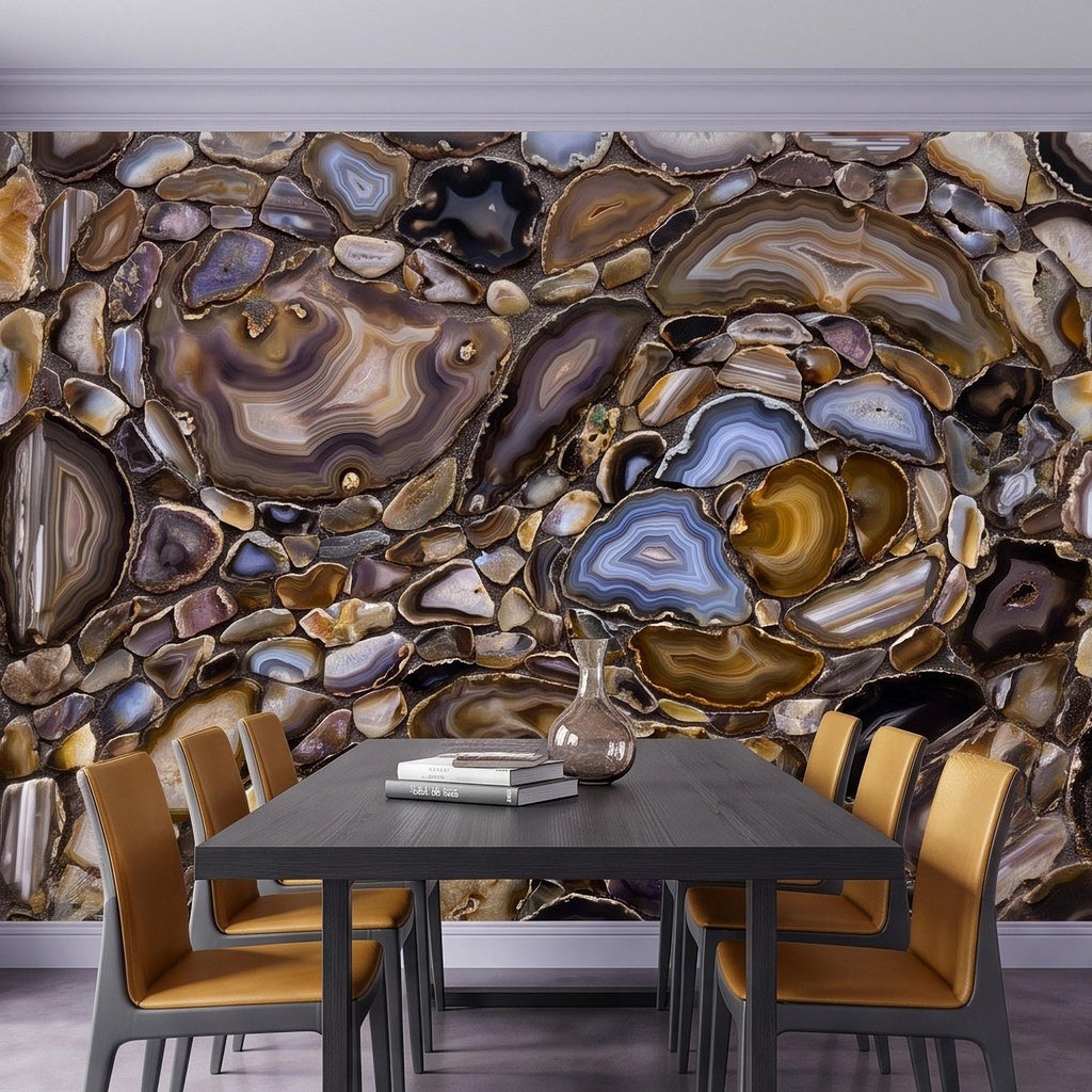 Agate Stone Peel and Stick Wall Mural, Natural Gemstone Slice Texture Luxury Crystal Geode Brown Blue Mineral Surface Wallpaper