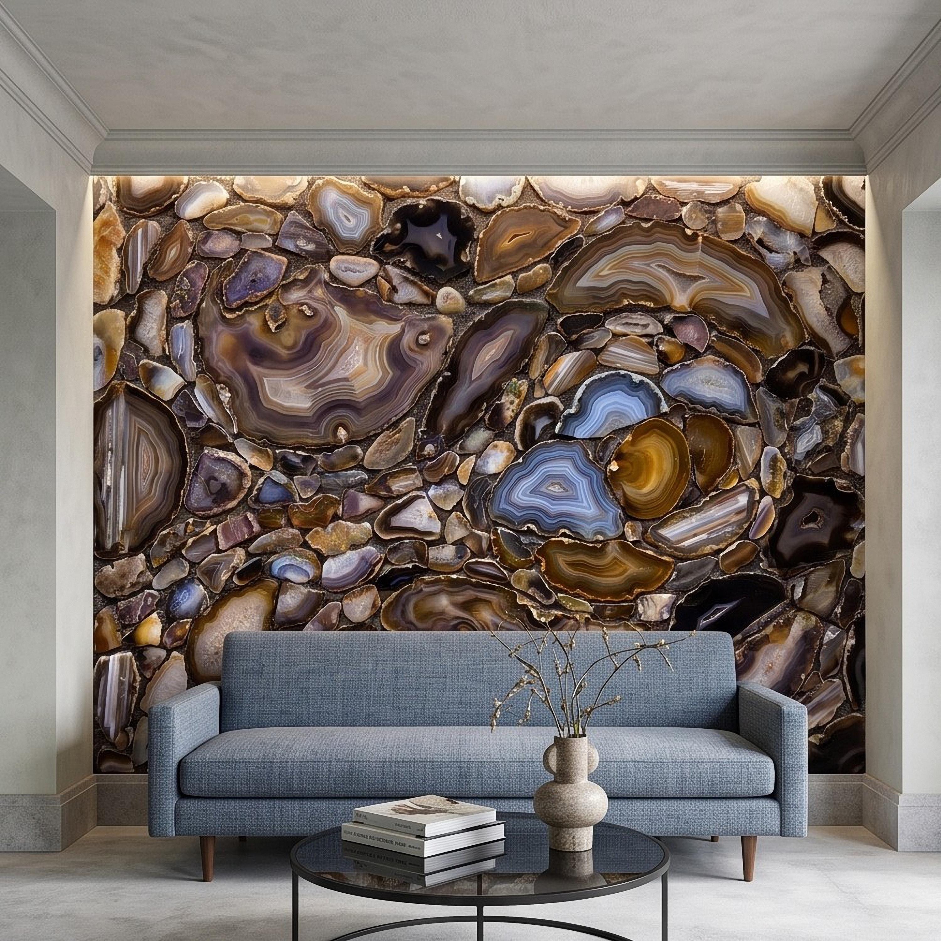 Agate Stone Peel and Stick Wall Mural, Natural Gemstone Slice Texture Luxury Crystal Geode Brown Blue Mineral Surface Wallpaper