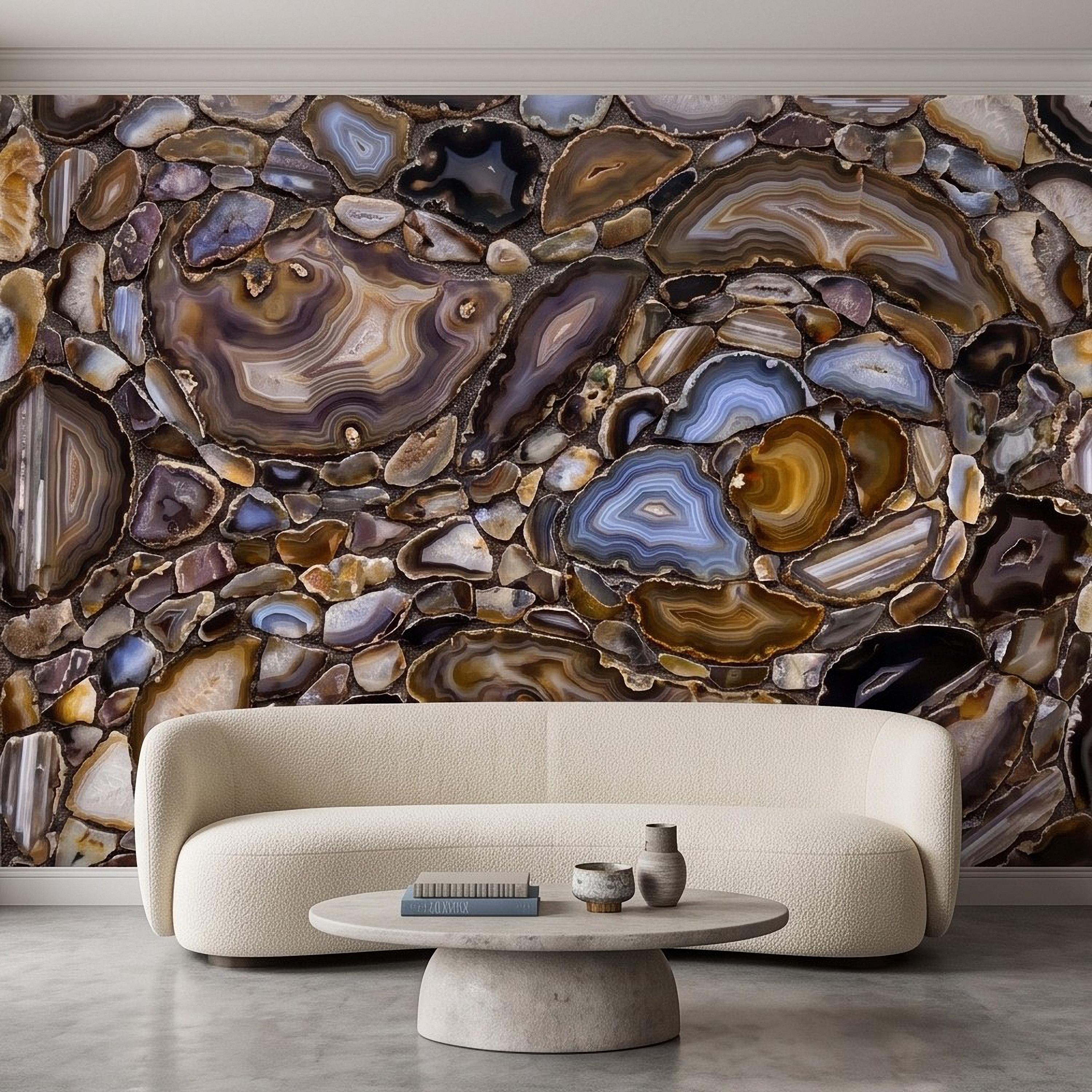 Agate Stone Peel and Stick Wall Mural, Natural Gemstone Slice Texture Luxury Crystal Geode Brown Blue Mineral Surface Wallpaper