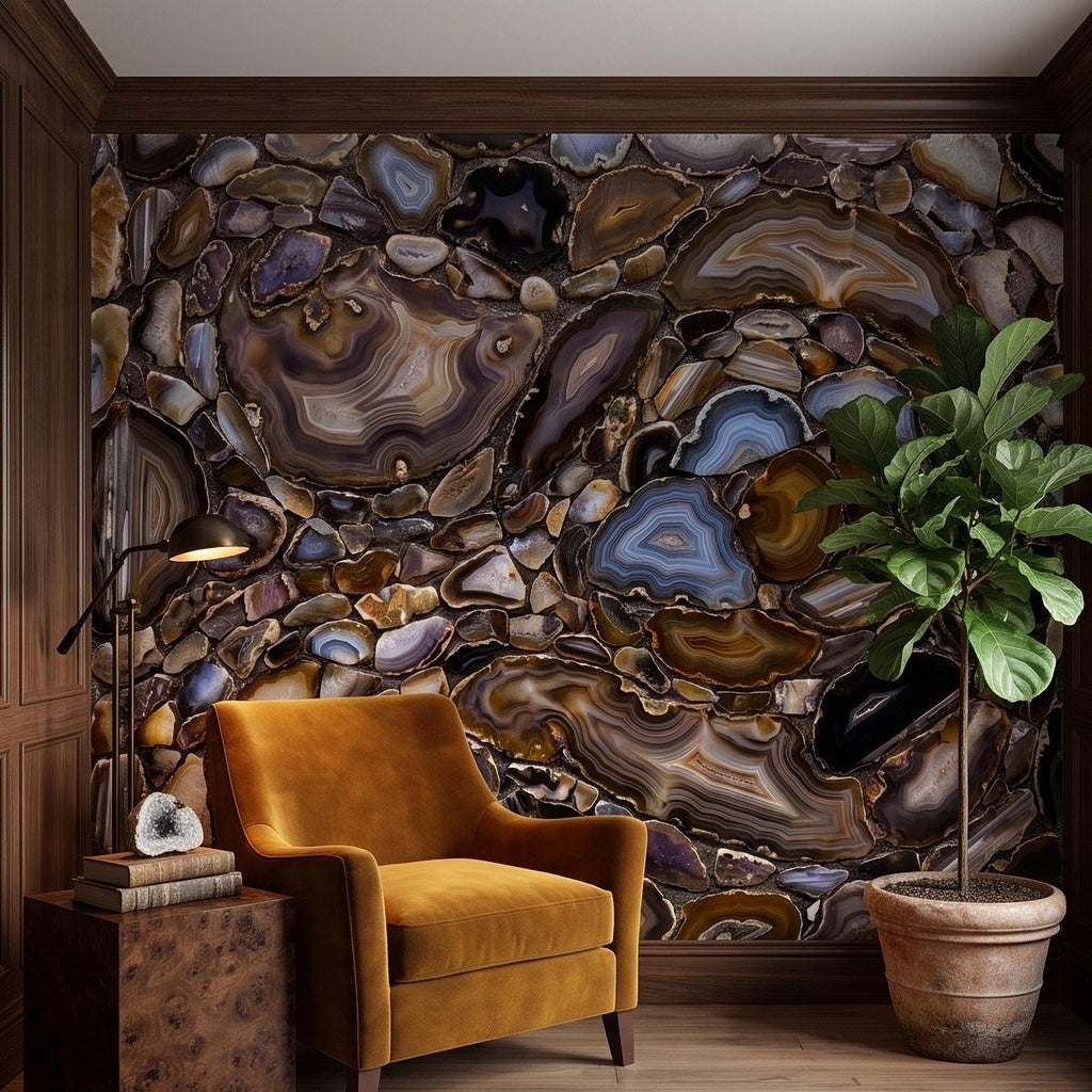 Agate Stone Peel and Stick Wall Mural, Natural Gemstone Slice Texture Luxury Crystal Geode Brown Blue Mineral Surface Wallpaper