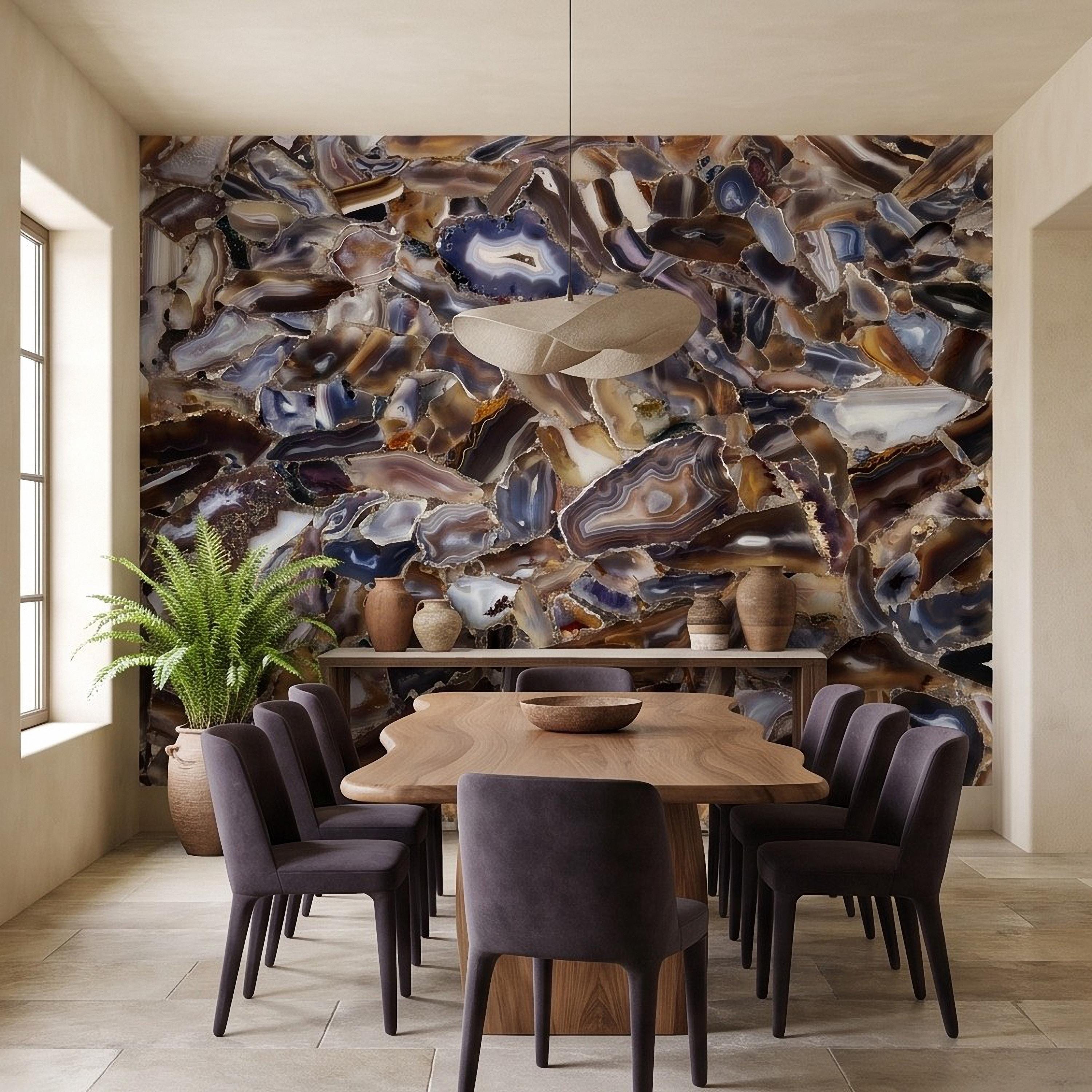 Agate Stone Peel and Stick Wall Mural, Natural Gemstone Slice Texture Luxury Crystal Geode Grey Brown Gold Mineral Wallpaper