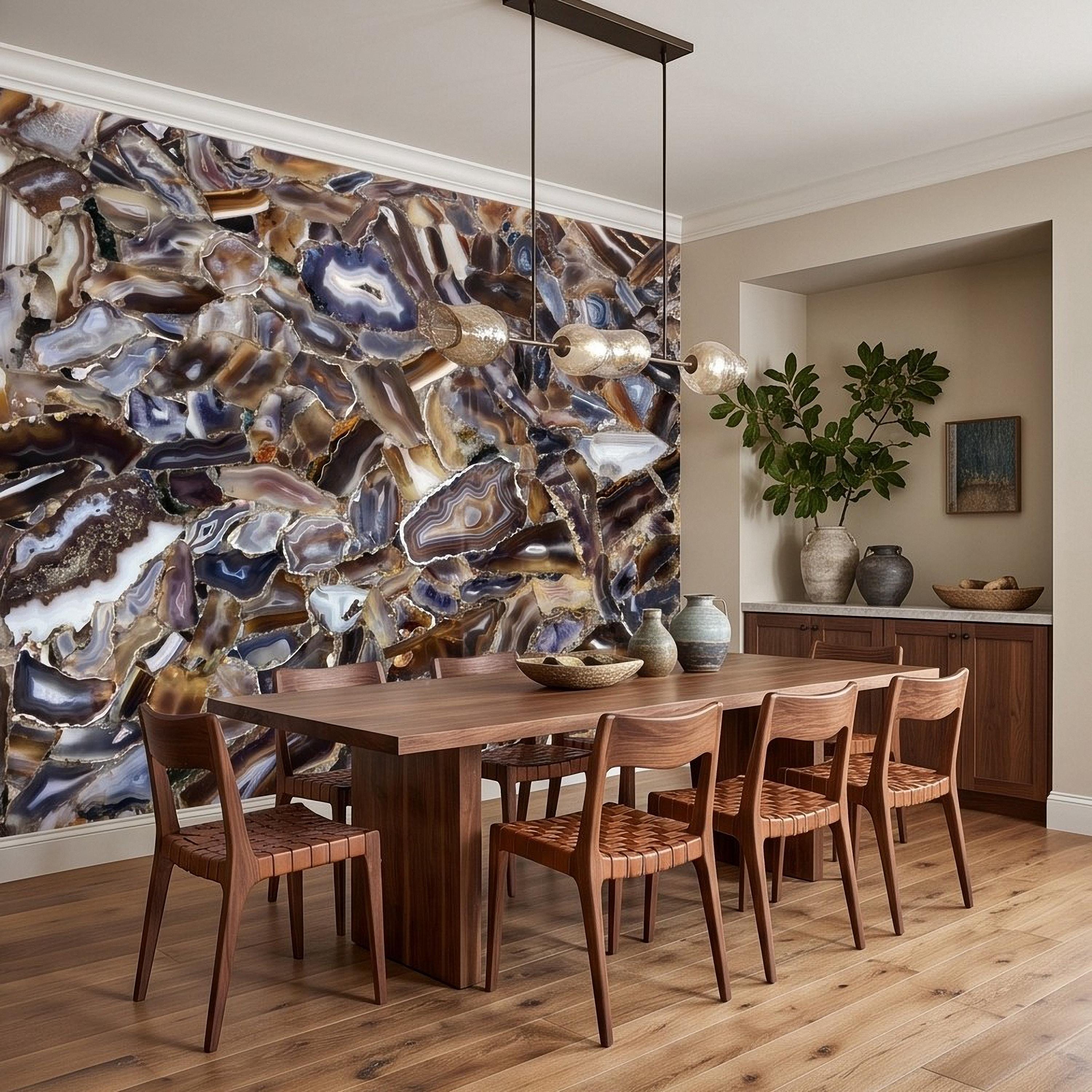 Agate Stone Peel and Stick Wall Mural, Natural Gemstone Slice Texture Luxury Crystal Geode Grey Brown Gold Mineral Wallpaper