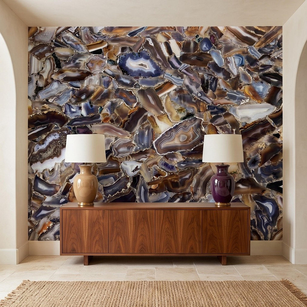 Agate Stone Peel and Stick Wall Mural, Natural Gemstone Slice Texture Luxury Crystal Geode Grey Brown Gold Mineral Wallpaper