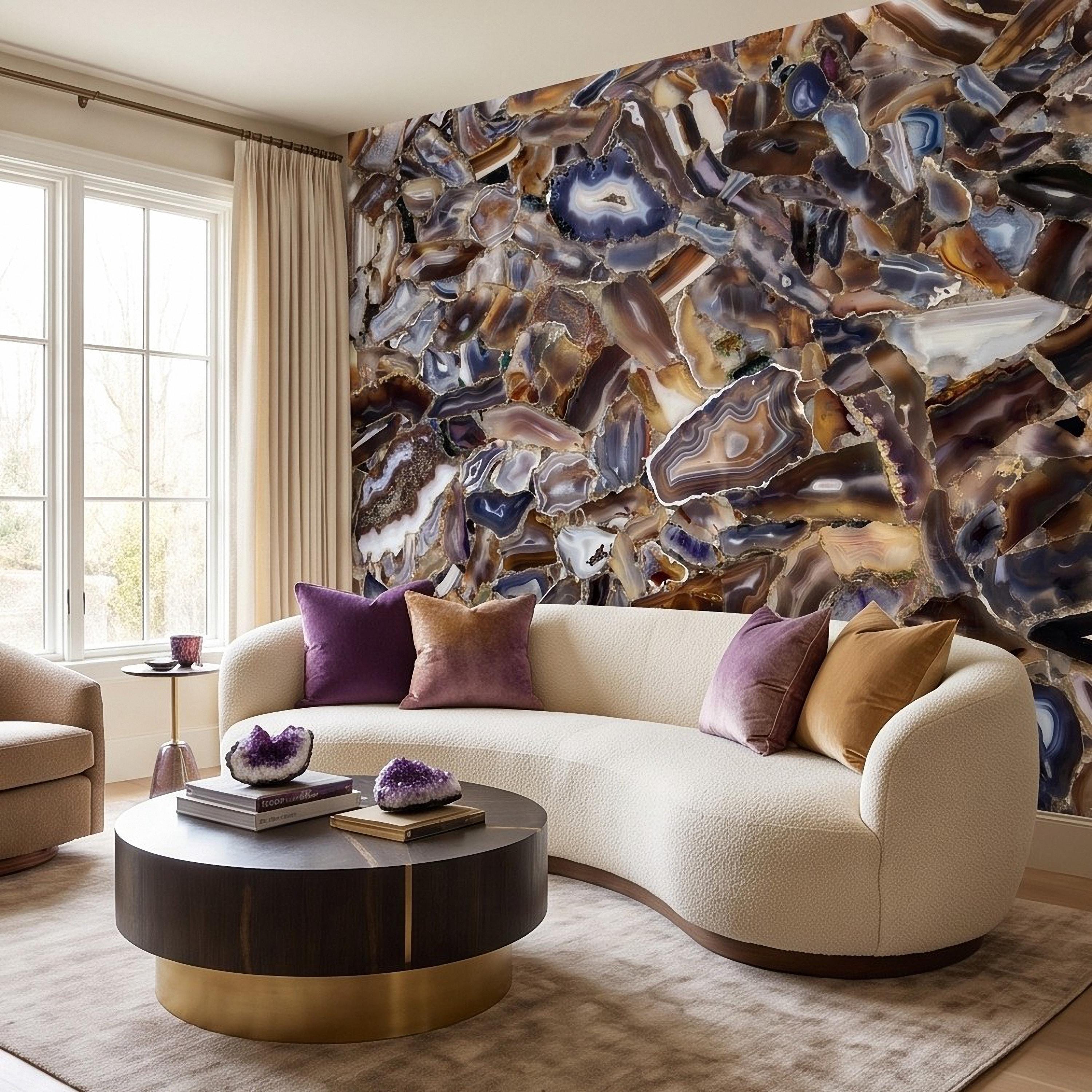 Agate Stone Peel and Stick Wall Mural, Natural Gemstone Slice Texture Luxury Crystal Geode Grey Brown Gold Mineral Wallpaper