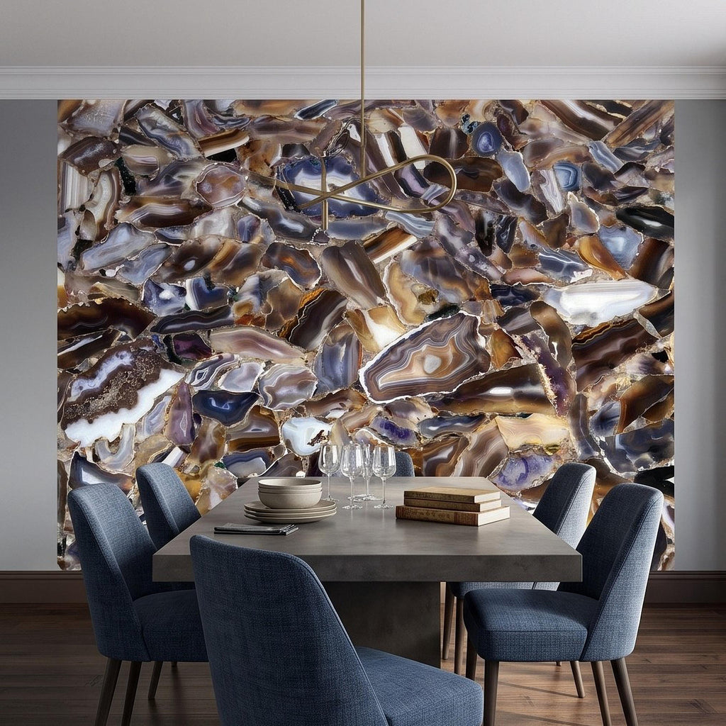 Agate Stone Peel and Stick Wall Mural, Natural Gemstone Slice Texture Luxury Crystal Geode Grey Brown Gold Mineral Wallpaper