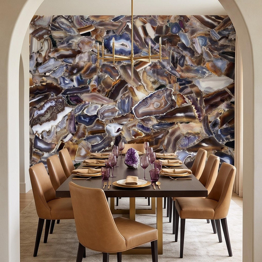Agate Stone Peel and Stick Wall Mural, Natural Gemstone Slice Texture Luxury Crystal Geode Grey Brown Gold Mineral Wallpaper