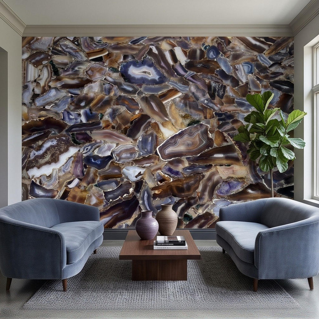 Agate Stone Peel and Stick Wall Mural, Natural Gemstone Slice Texture Luxury Crystal Geode Grey Brown Gold Mineral Wallpaper