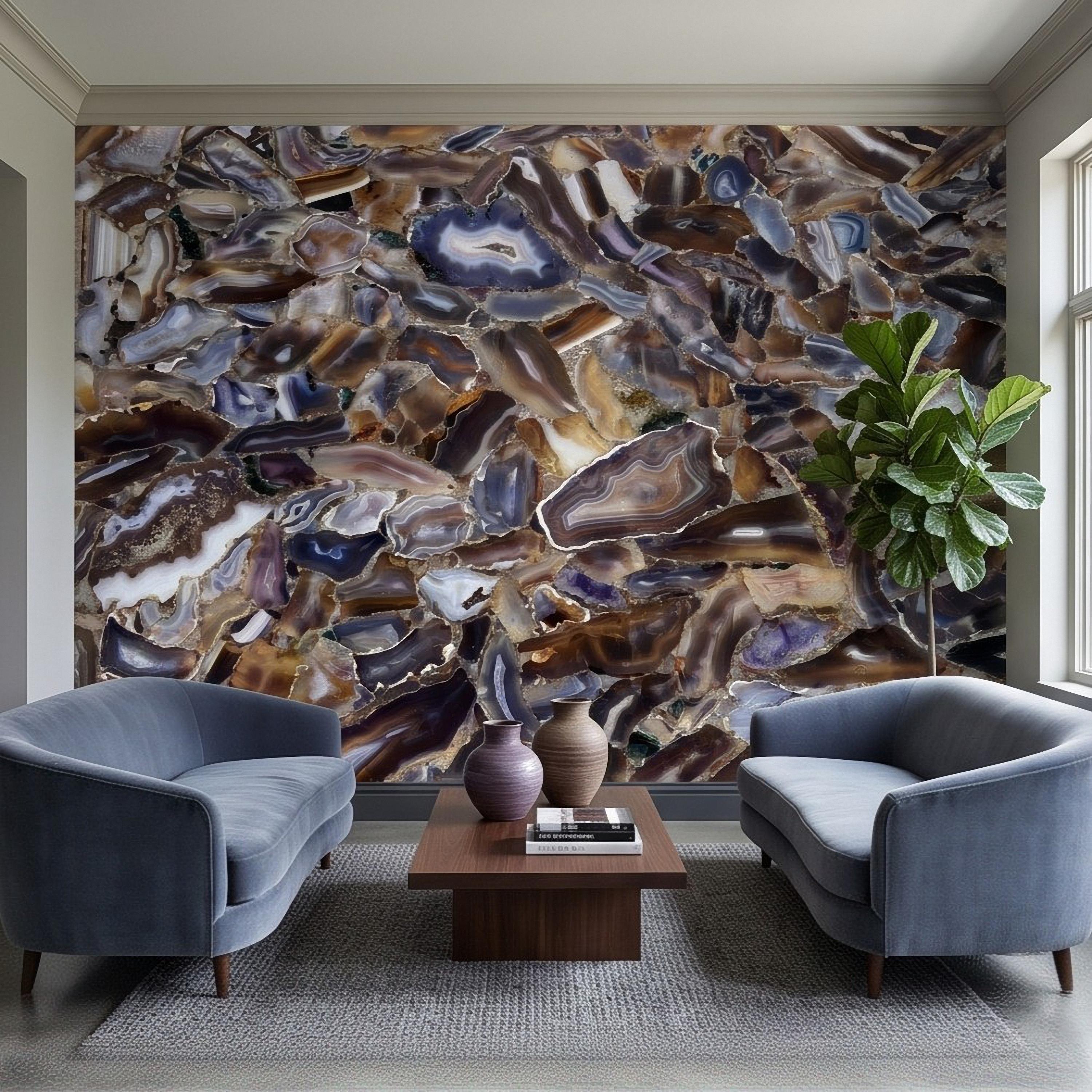 Agate Stone Peel and Stick Wall Mural, Natural Gemstone Slice Texture Luxury Crystal Geode Grey Brown Gold Mineral Wallpaper