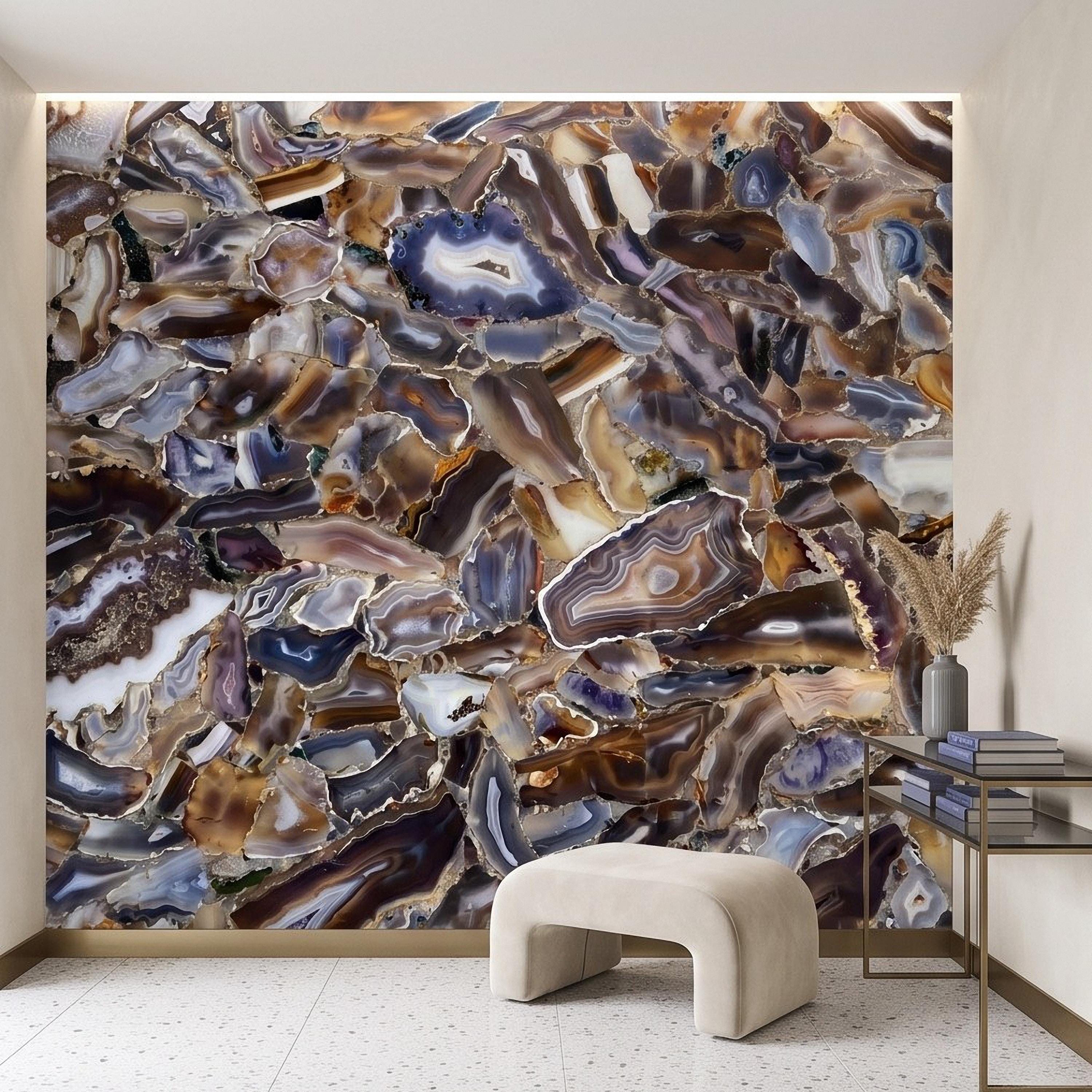 Agate Stone Peel and Stick Wall Mural, Natural Gemstone Slice Texture Luxury Crystal Geode Grey Brown Gold Mineral Wallpaper