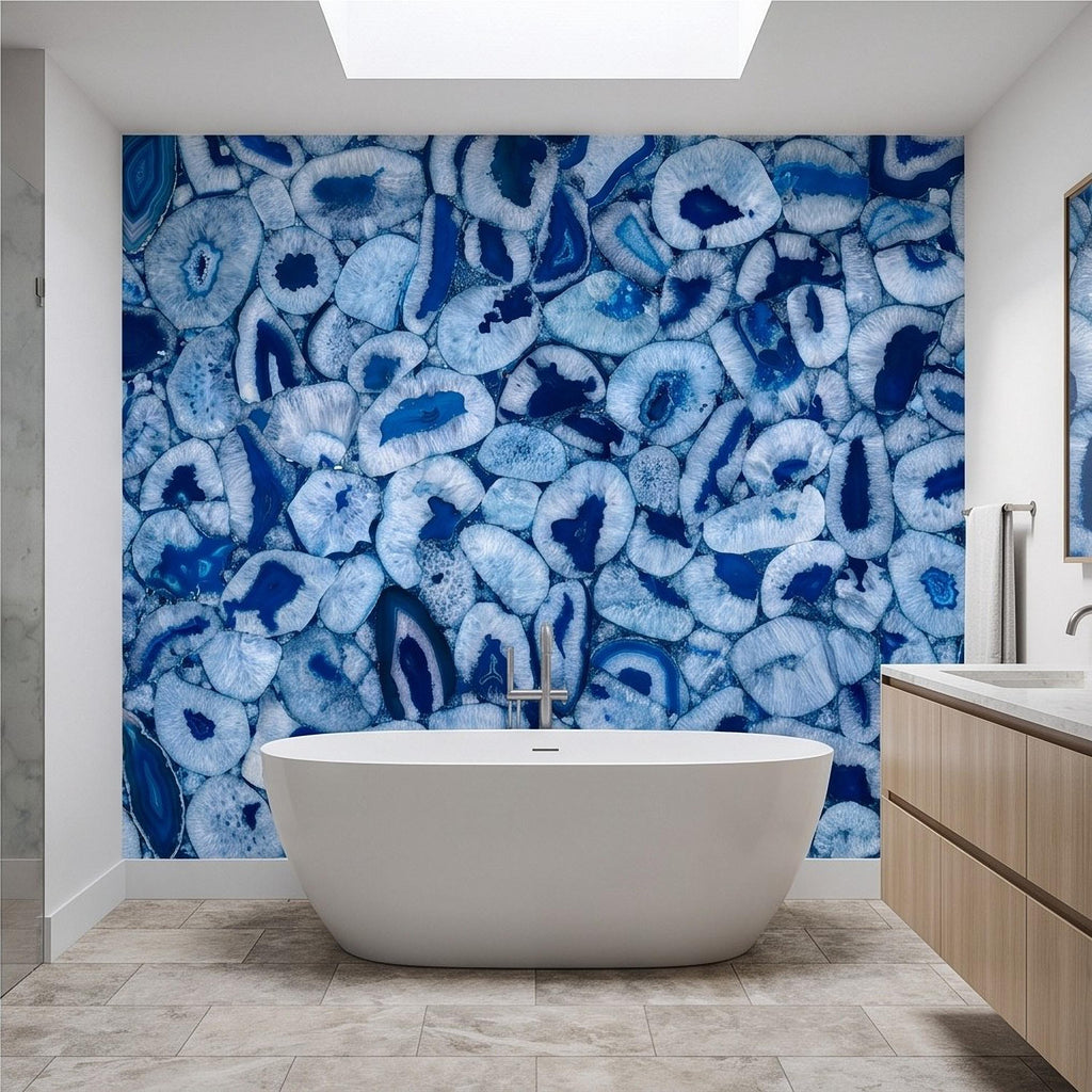 Blue Agate Stone Peel and Stick Wall Mural, Natural Gemstone Slice Texture Luxury Crystal Geode Ocean Blue Mineral Wallpaper