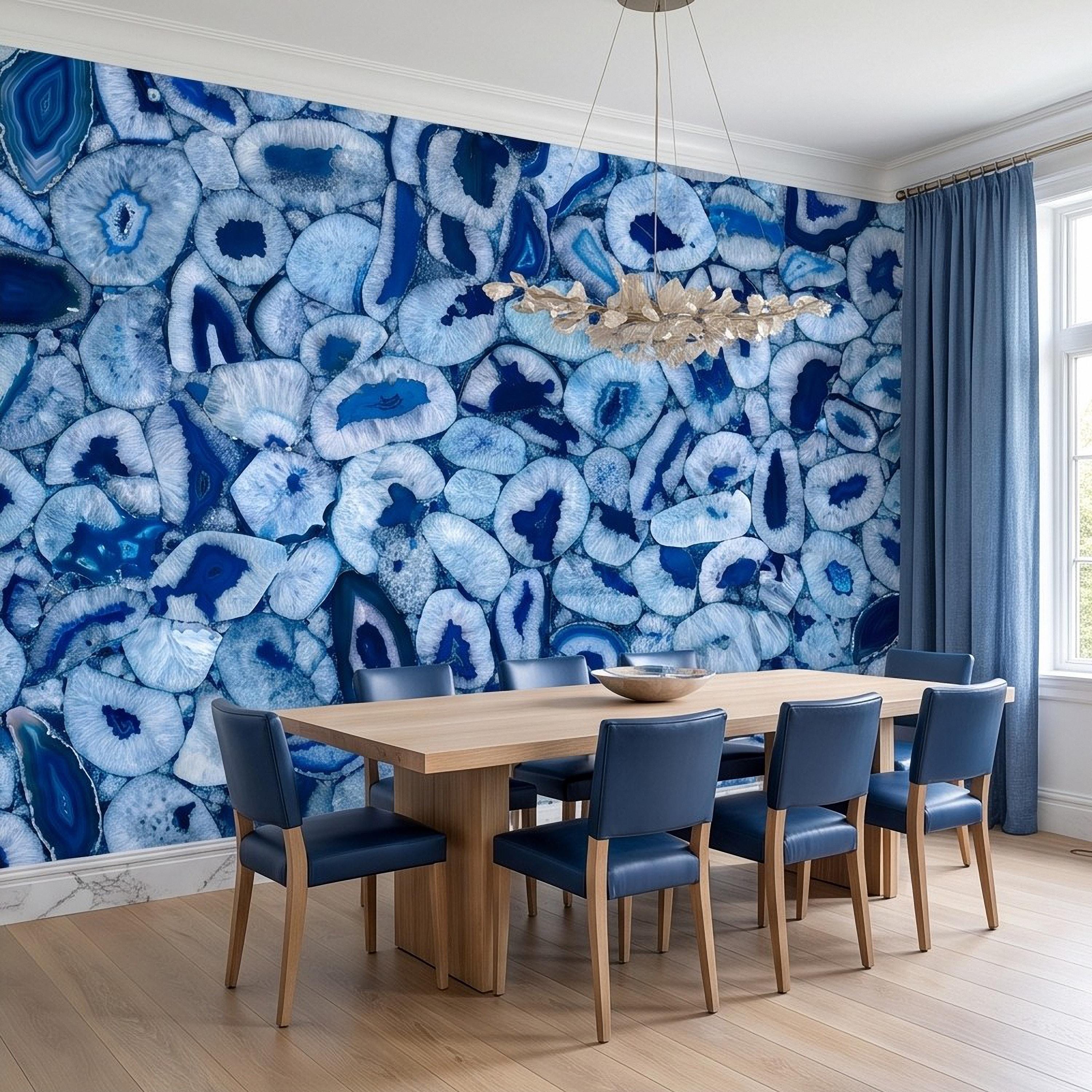 Blue Agate Stone Peel and Stick Wall Mural, Natural Gemstone Slice Texture Luxury Crystal Geode Ocean Blue Mineral Wallpaper
