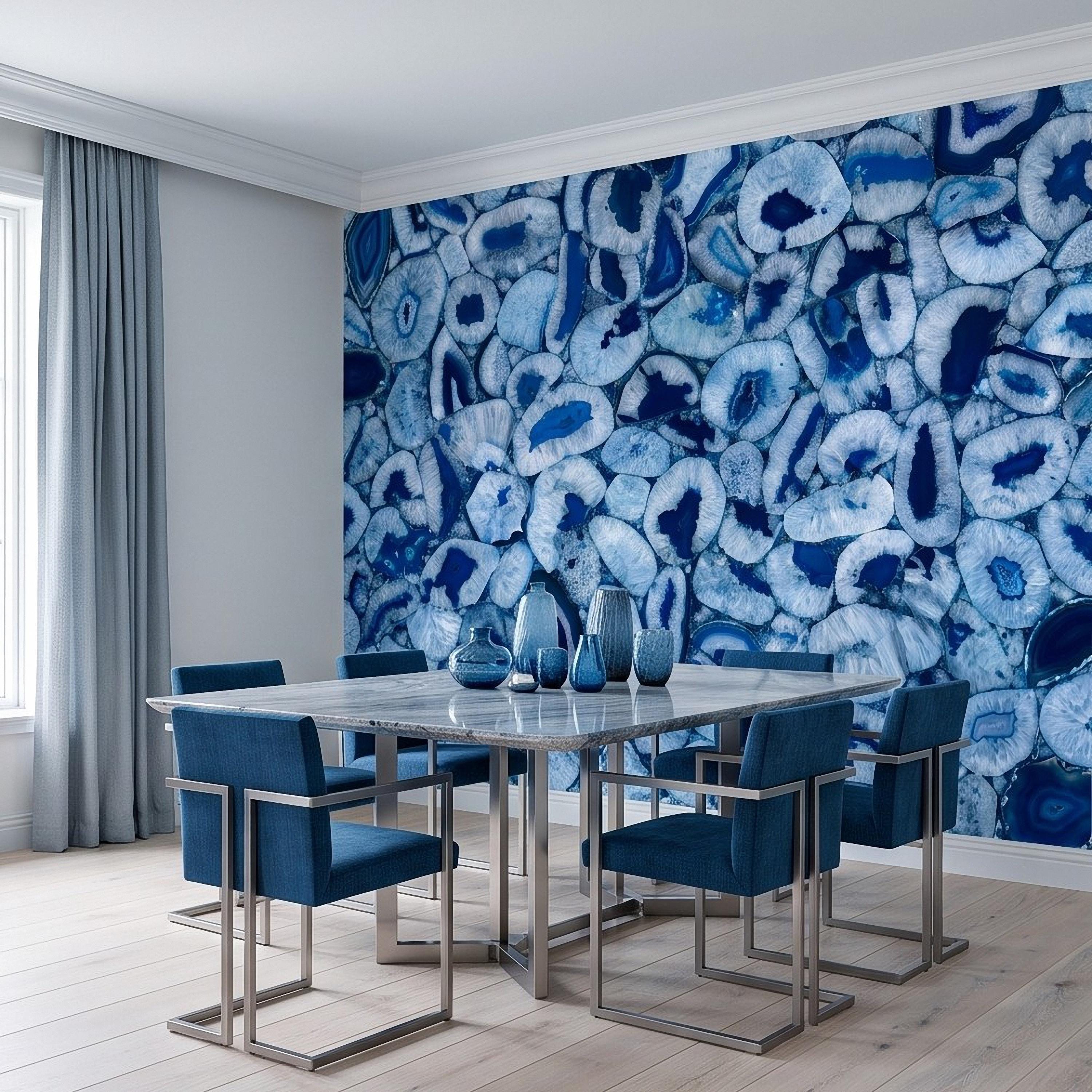 Blue Agate Stone Peel and Stick Wall Mural, Natural Gemstone Slice Texture Luxury Crystal Geode Ocean Blue Mineral Wallpaper