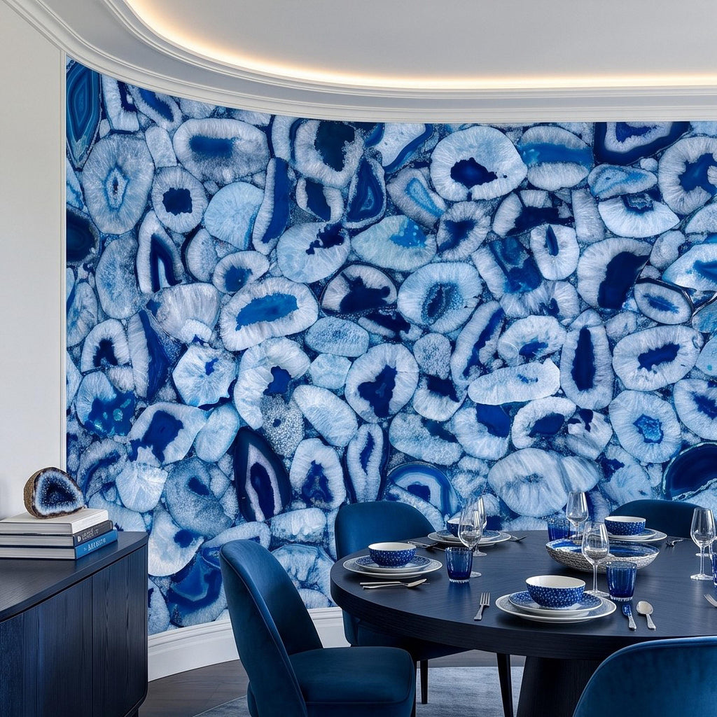Blue Agate Stone Peel and Stick Wall Mural, Natural Gemstone Slice Texture Luxury Crystal Geode Ocean Blue Mineral Wallpaper