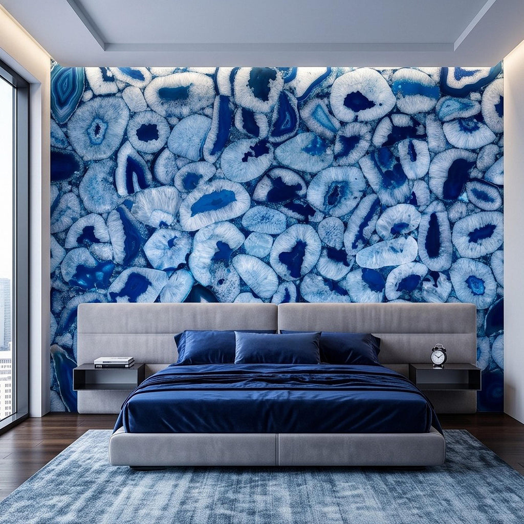 Blue Agate Stone Peel and Stick Wall Mural, Natural Gemstone Slice Texture Luxury Crystal Geode Ocean Blue Mineral Wallpaper