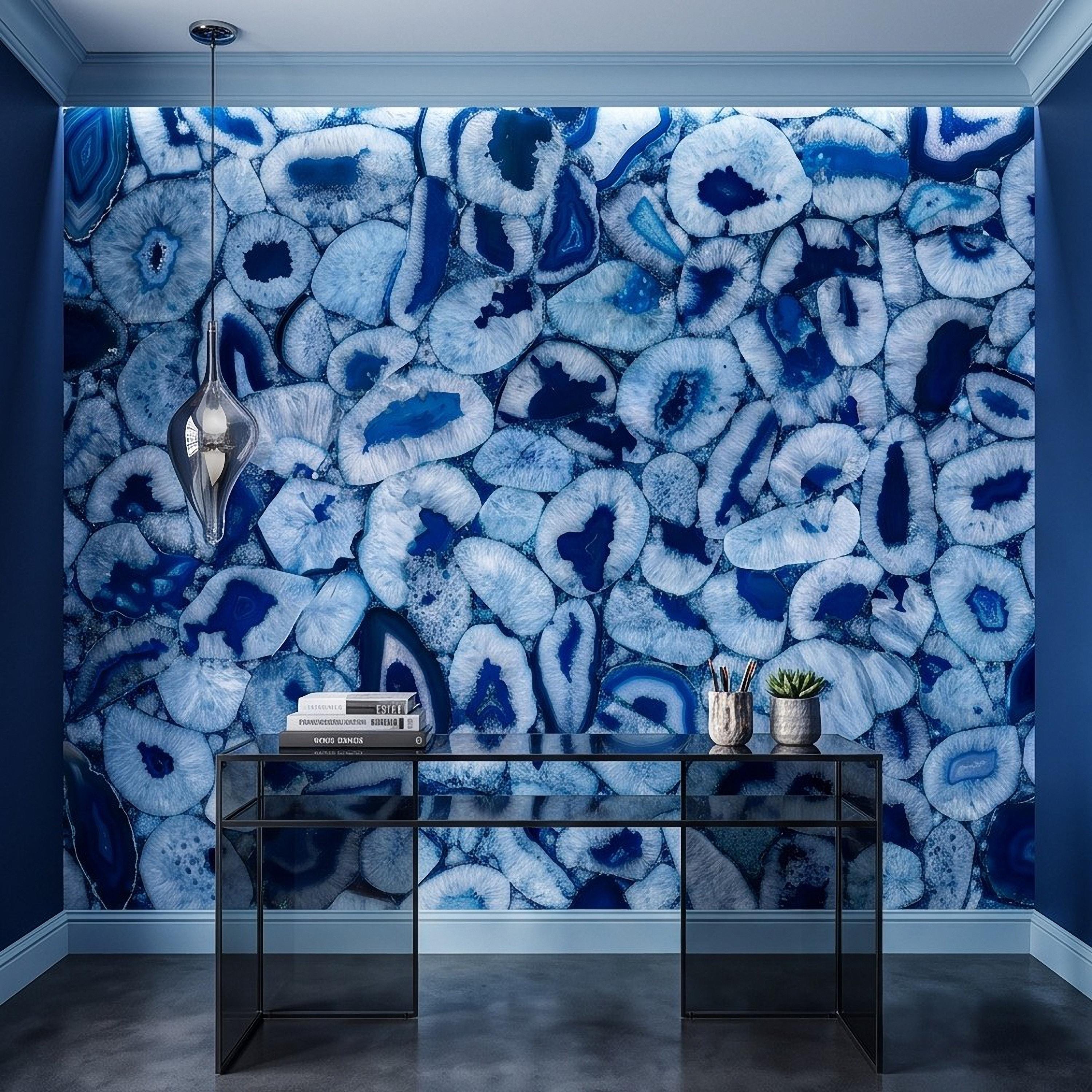 Blue Agate Stone Peel and Stick Wall Mural, Natural Gemstone Slice Texture Luxury Crystal Geode Ocean Blue Mineral Wallpaper