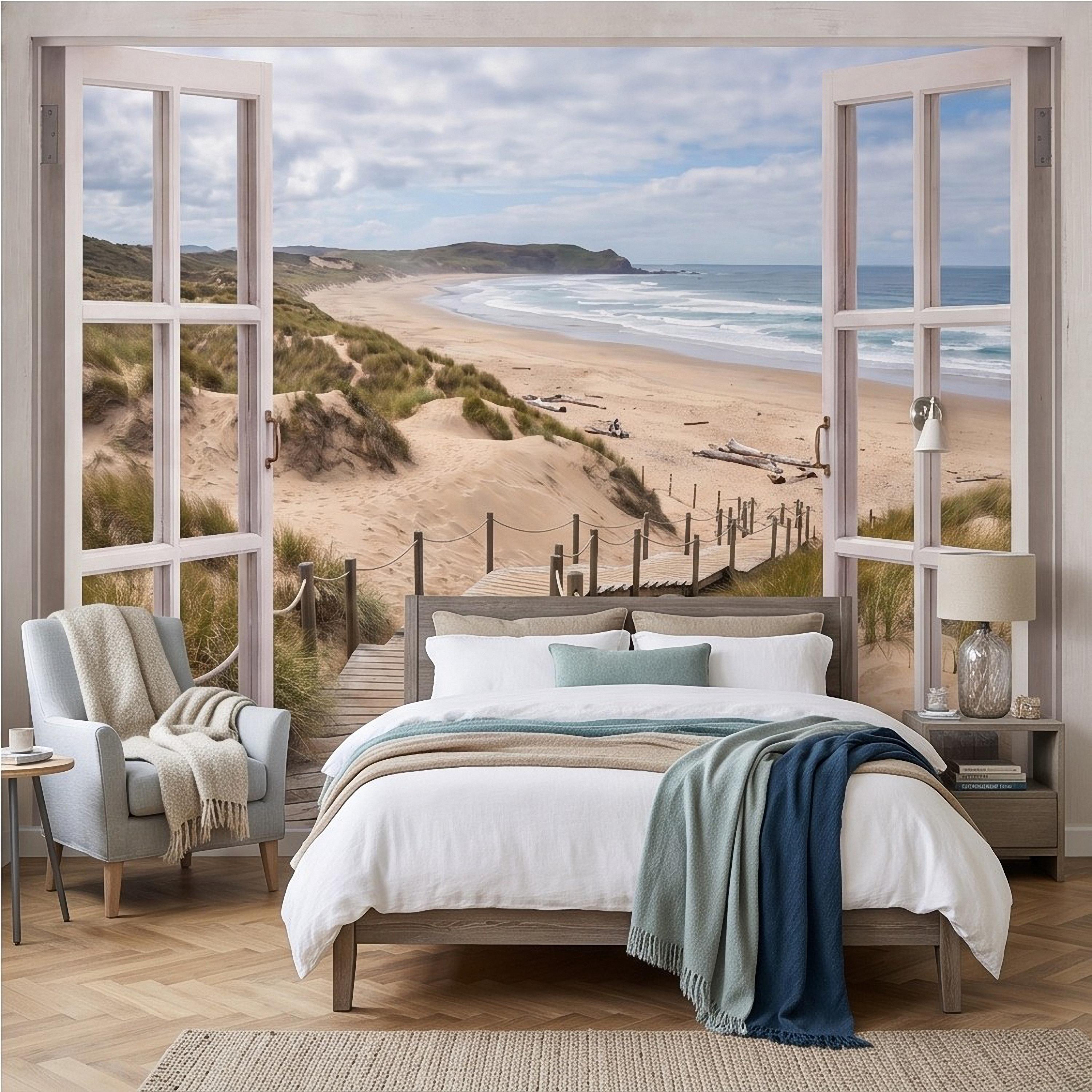 Beach Window View Peel and Stick Wall Mural, Coastal Ocean Dunes Wooden Boardwalk Seaside Landscape Scenic Escape Wallpaper