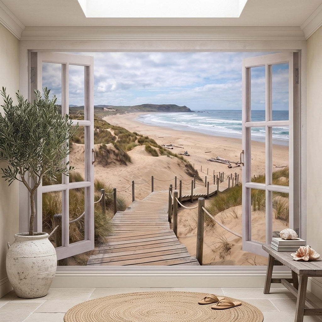 Beach Window View Peel and Stick Wall Mural, Coastal Ocean Dunes Wooden Boardwalk Seaside Landscape Scenic Escape Wallpaper