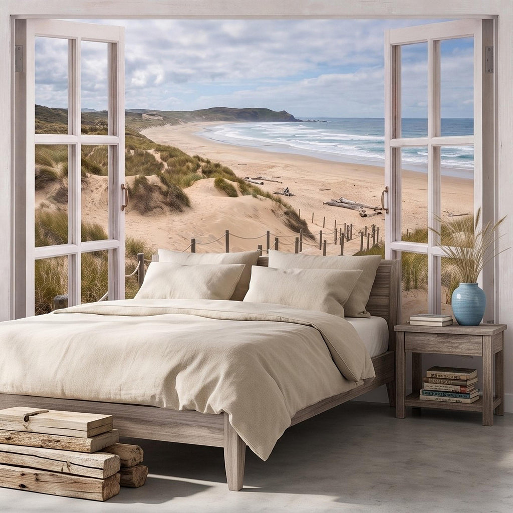 Beach Window View Peel and Stick Wall Mural, Coastal Ocean Dunes Wooden Boardwalk Seaside Landscape Scenic Escape Wallpaper