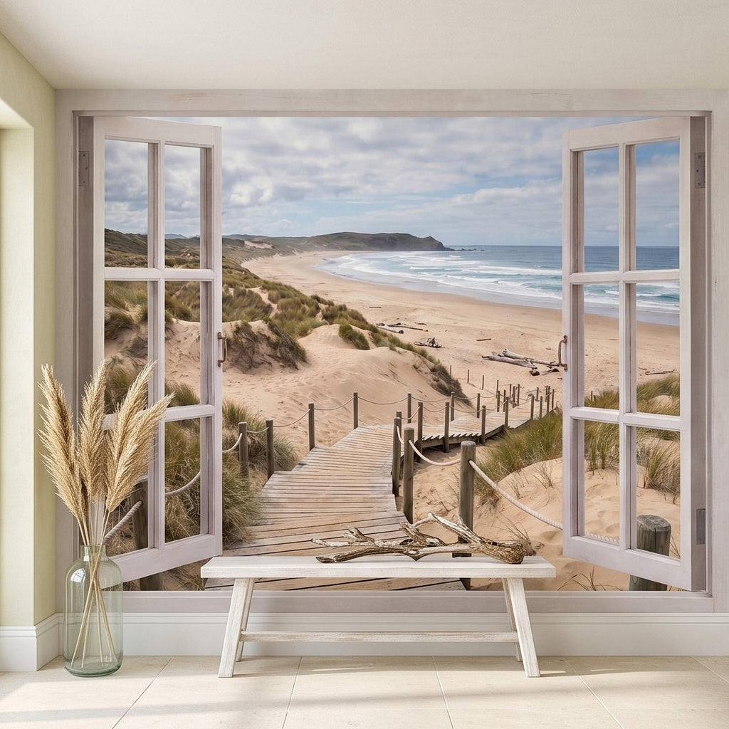 Beach Window View Peel and Stick Wall Mural, Coastal Ocean Dunes Wooden Boardwalk Seaside Landscape Scenic Escape Wallpaper