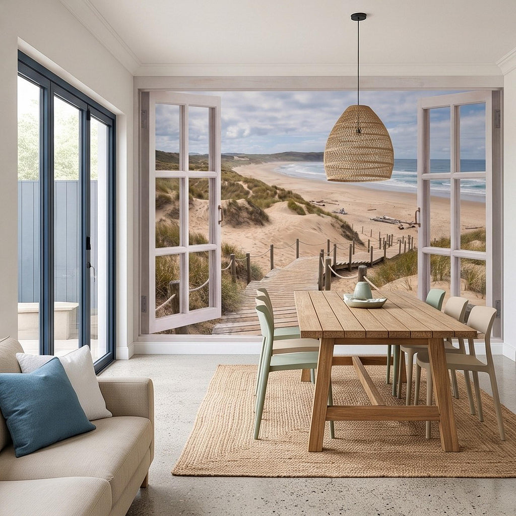 Beach Window View Peel and Stick Wall Mural, Coastal Ocean Dunes Wooden Boardwalk Seaside Landscape Scenic Escape Wallpaper